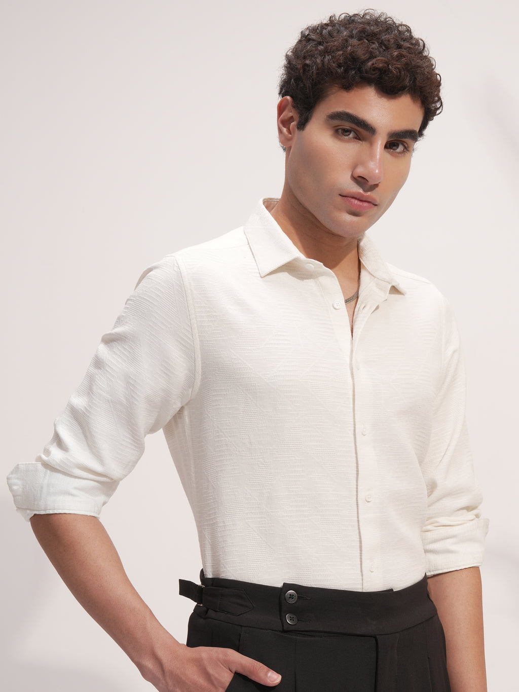 Highlander Men White Self Design Slim Fit Casual Shirt - White - Image 6