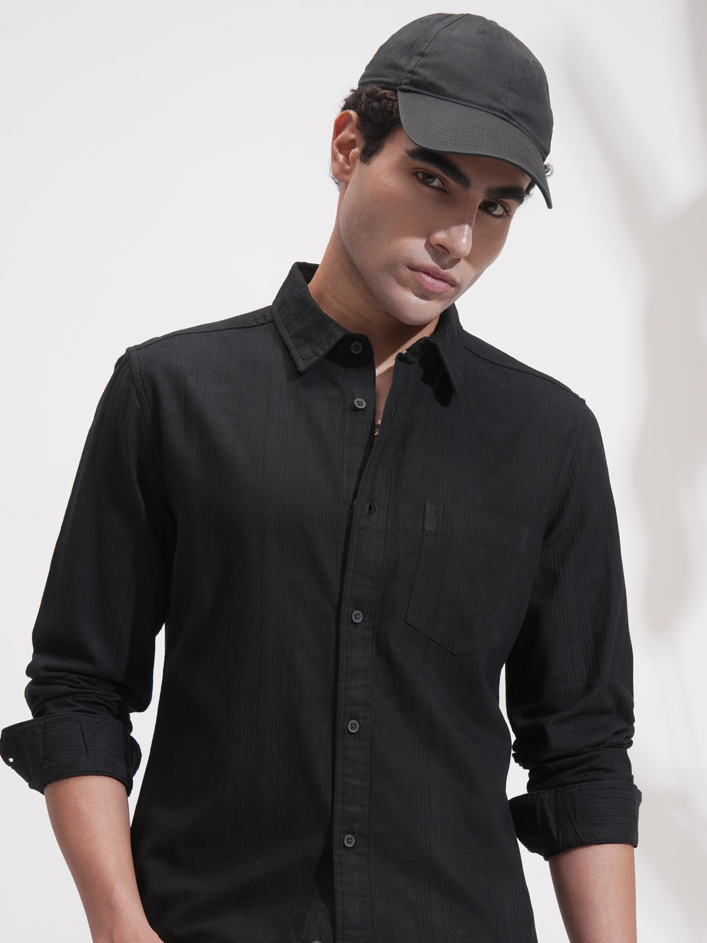 Highlander Men Black Self Design Relaxed Fit Casual Shirt - Black - Image 1