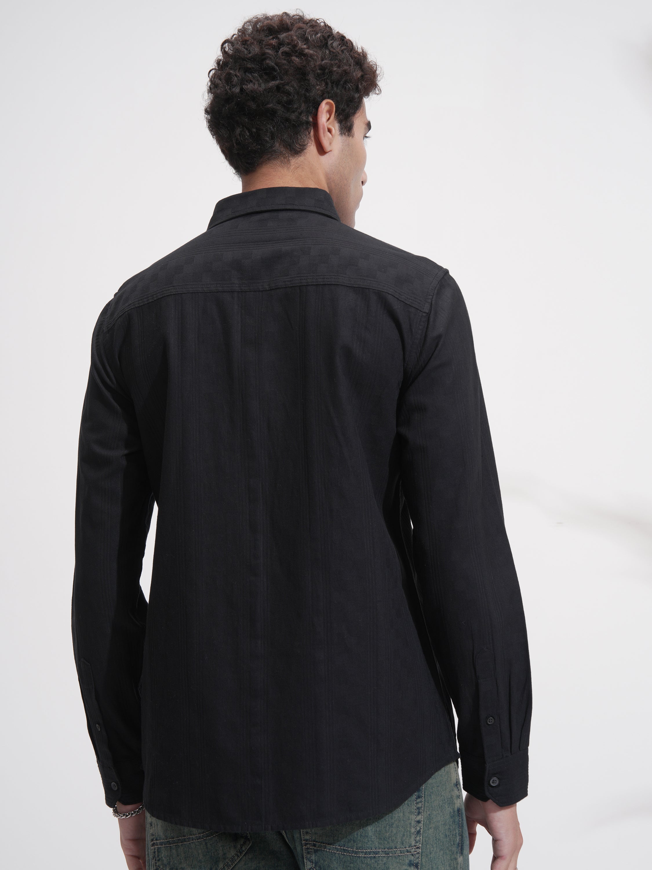 Highlander Men Black Self Design Relaxed Fit Casual Shirt - Black - Image 3