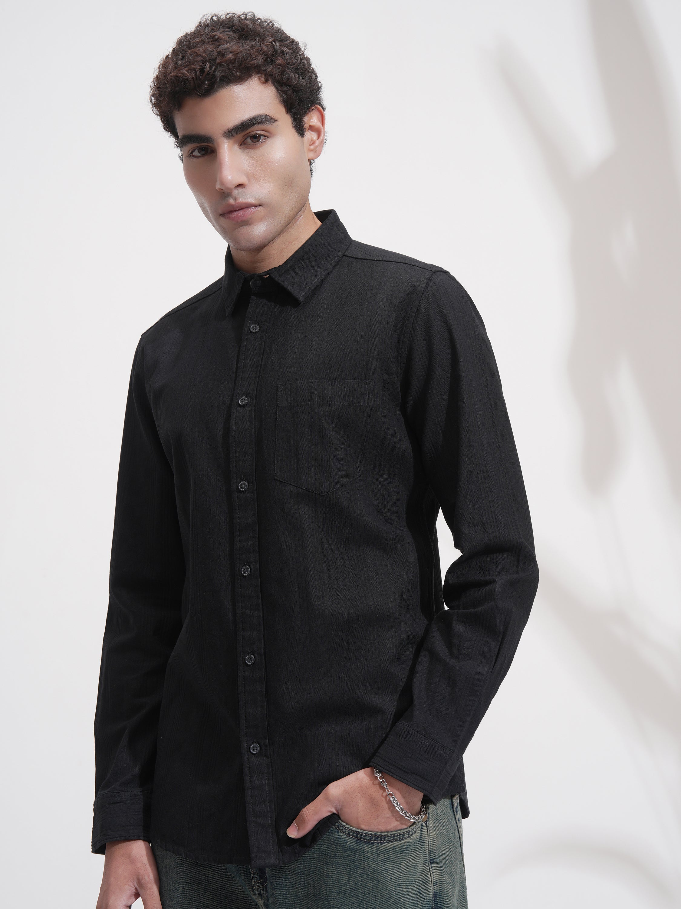 Highlander Men Black Self Design Relaxed Fit Casual Shirt - Black - Image 4