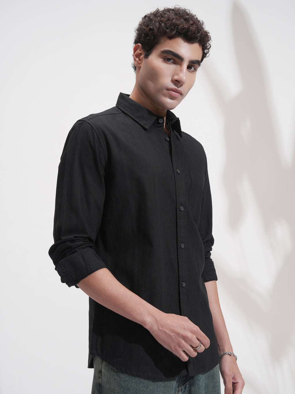 Highlander Men Black Self Design Relaxed Fit Casual Shirt - Black - Image 6