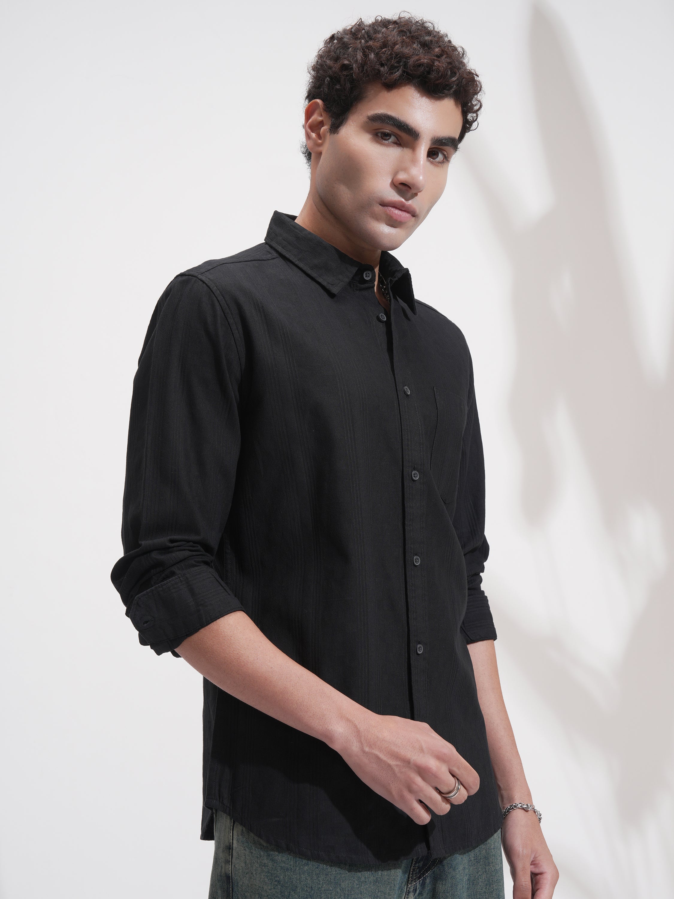 Highlander Men Black Self Design Relaxed Fit Casual Shirt - Black - Image 6