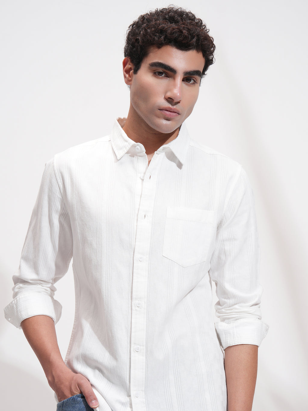 Highlander Men White Self Design Relaxed Fit Casual Shirt - White - Image 1