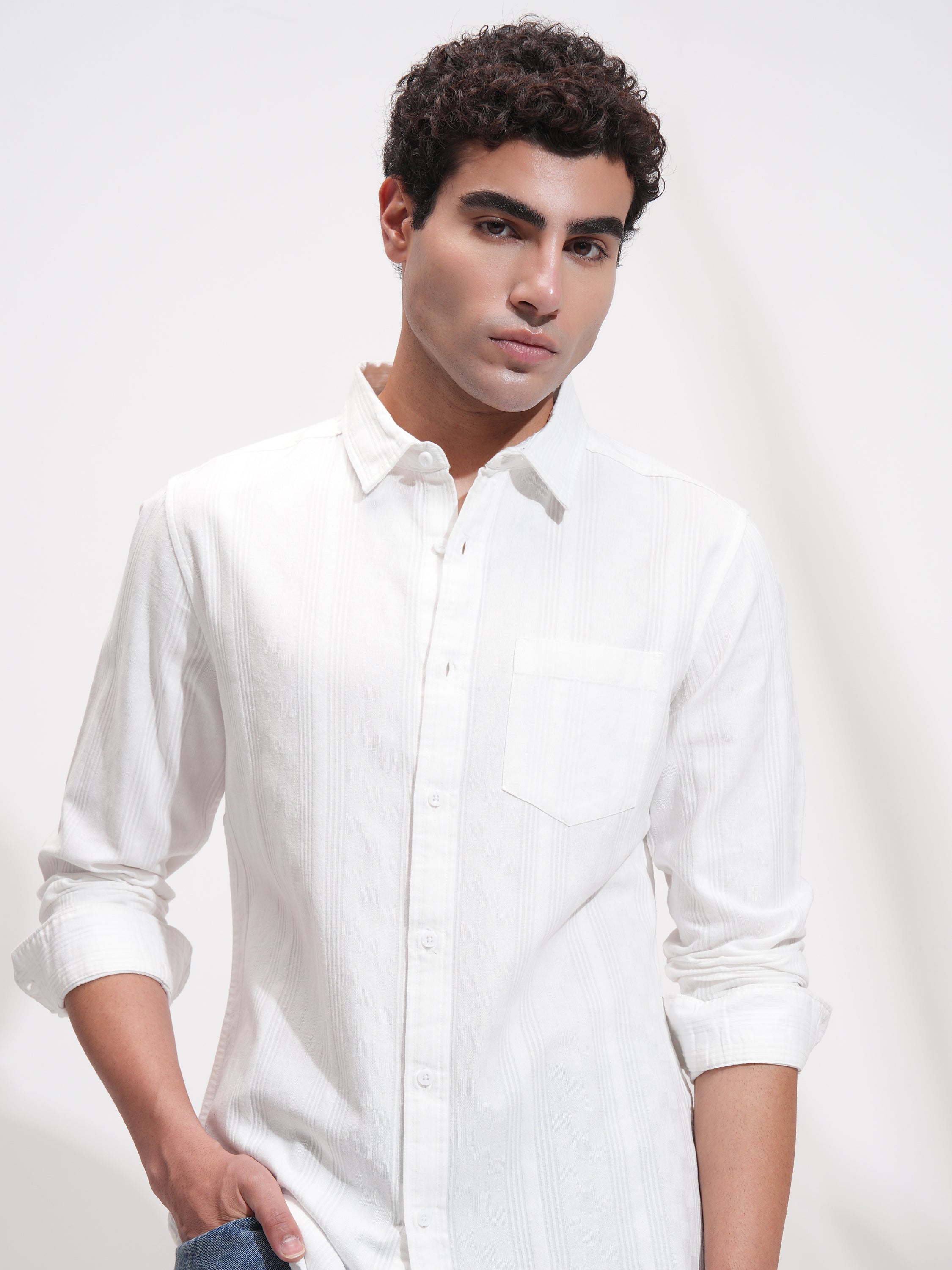 Highlander Men White Self Design Relaxed Fit Casual Shirt - White - Image 1