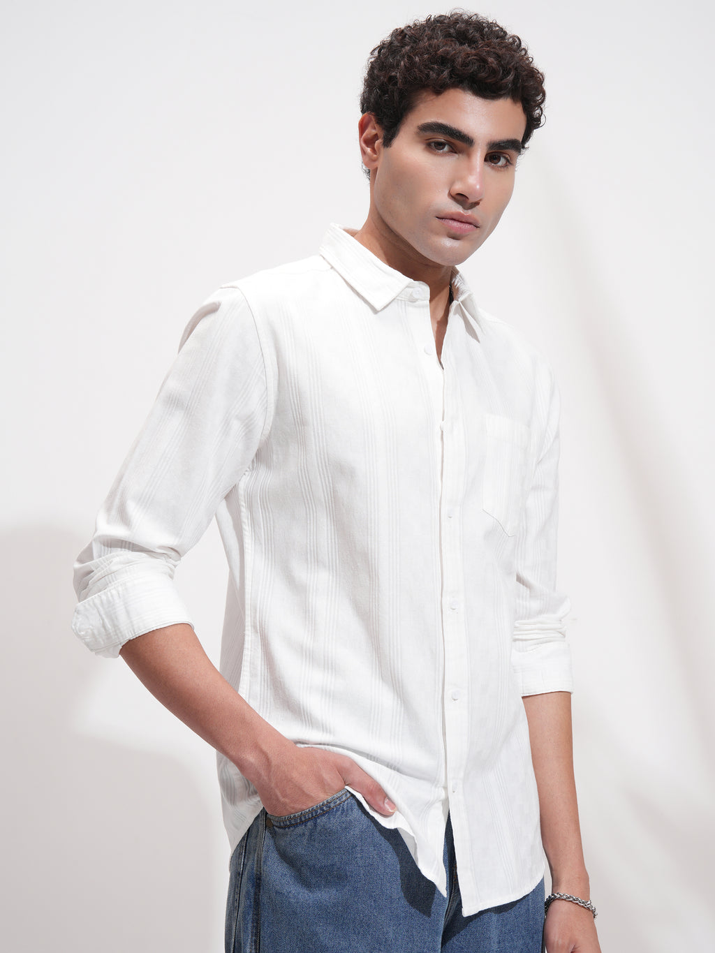 Highlander Men White Self Design Relaxed Fit Casual Shirt - White - Image 6