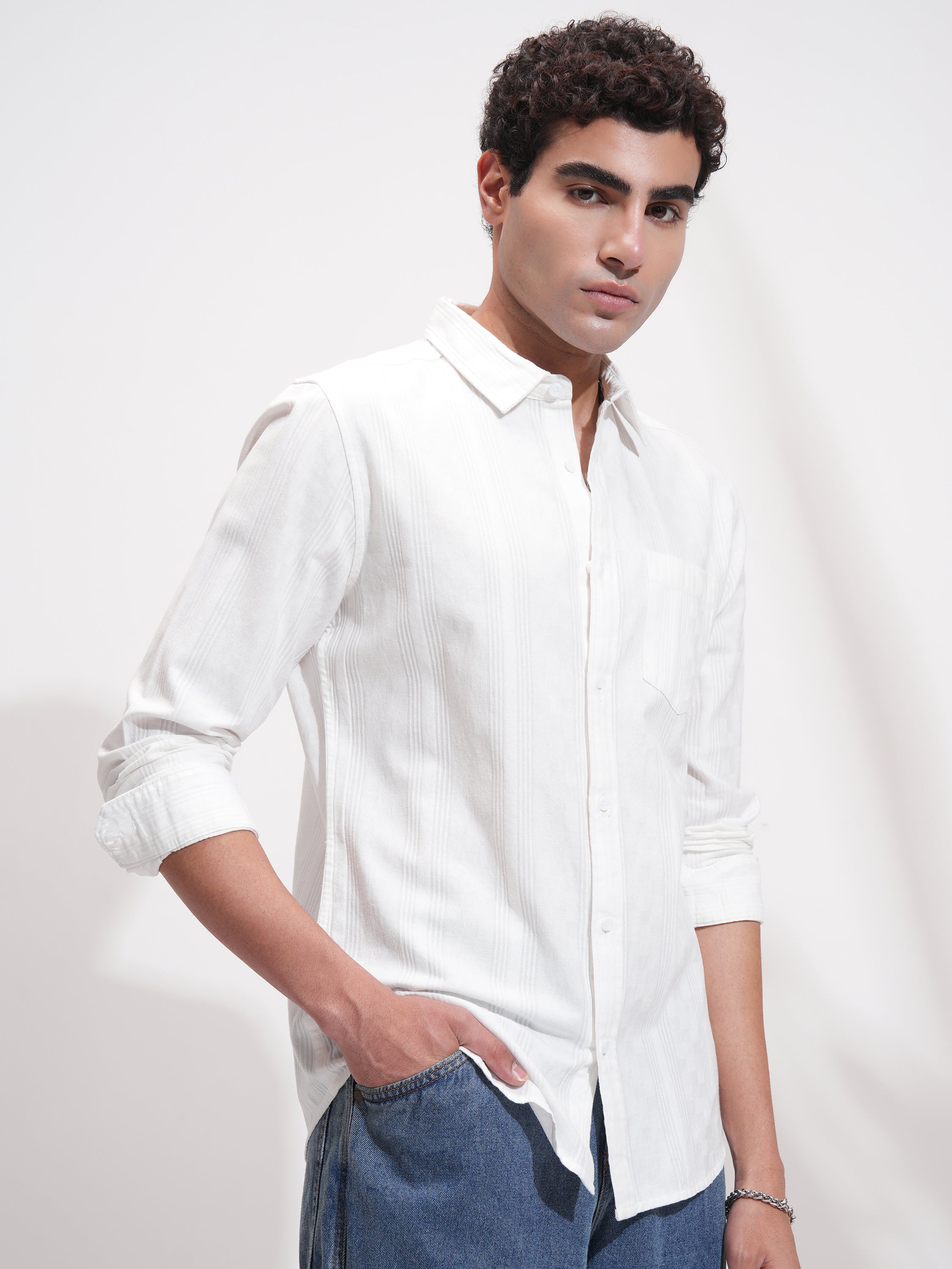 Highlander Men White Self Design Relaxed Fit Casual Shirt - White - Image 6
