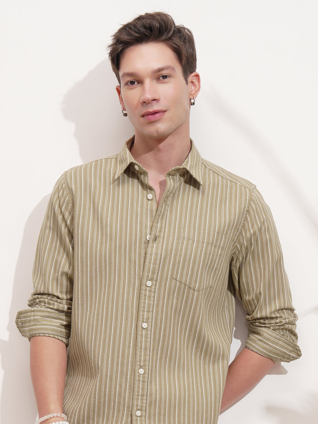 Highlander Men Khaki Striped Slim Fit Casual Shirt - Khaki - Image 1