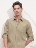 Highlander Men Khaki Striped Slim Fit Casual Shirt - Khaki - Image 1