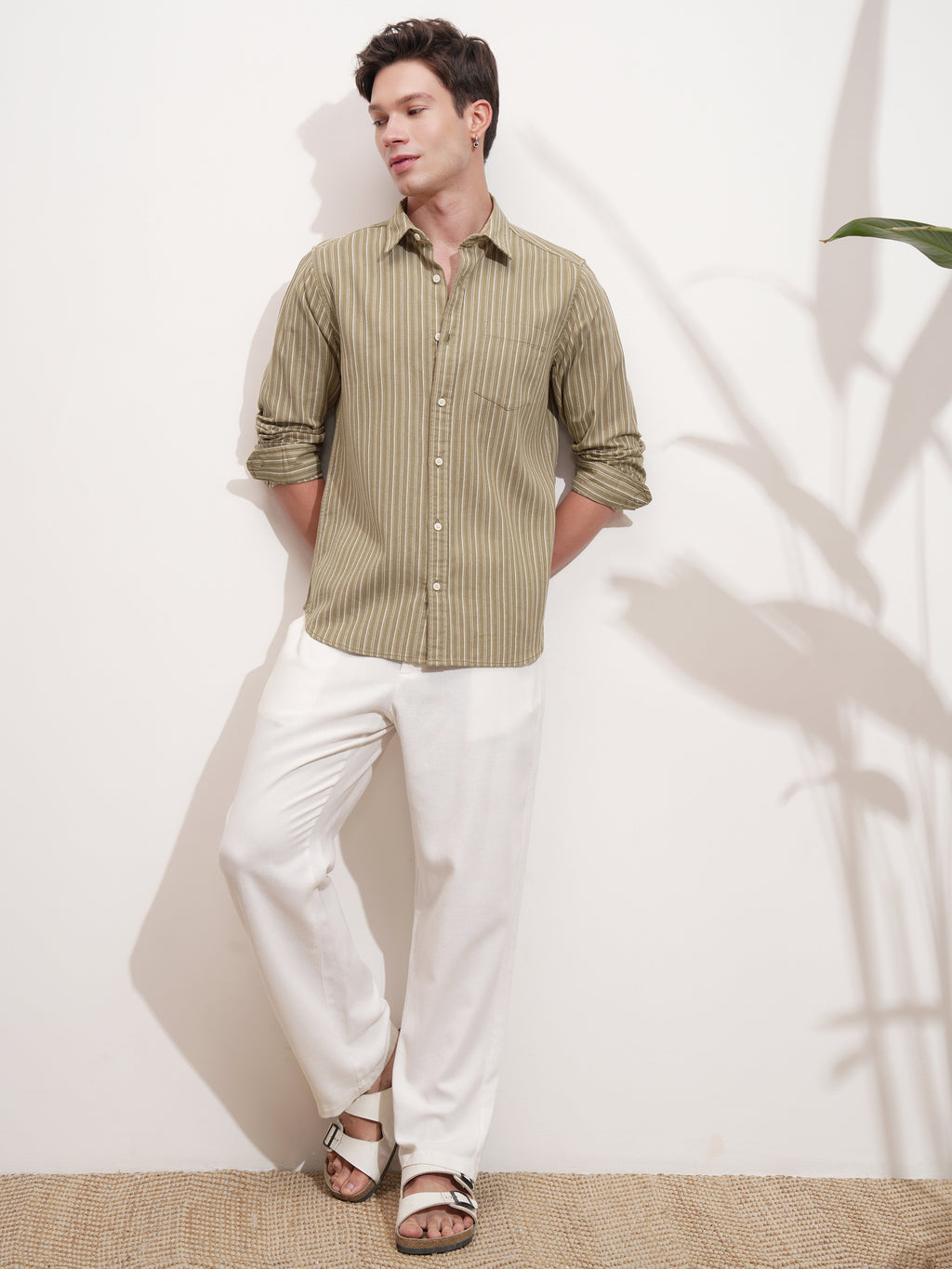 Highlander Men Khaki Striped Slim Fit Casual Shirt - Khaki - Image 2