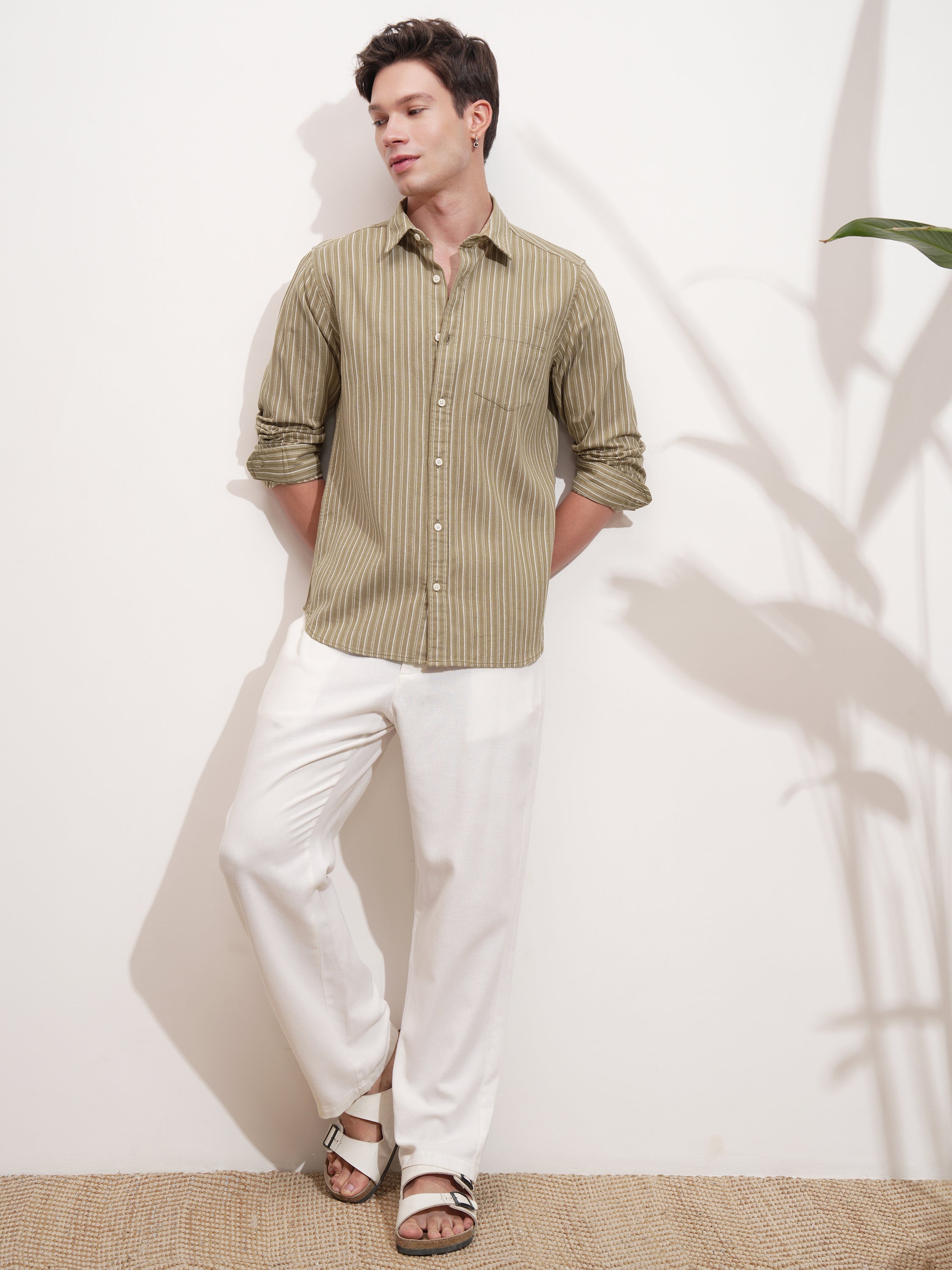 Highlander Men Khaki Striped Slim Fit Casual Shirt - Khaki - Image 2