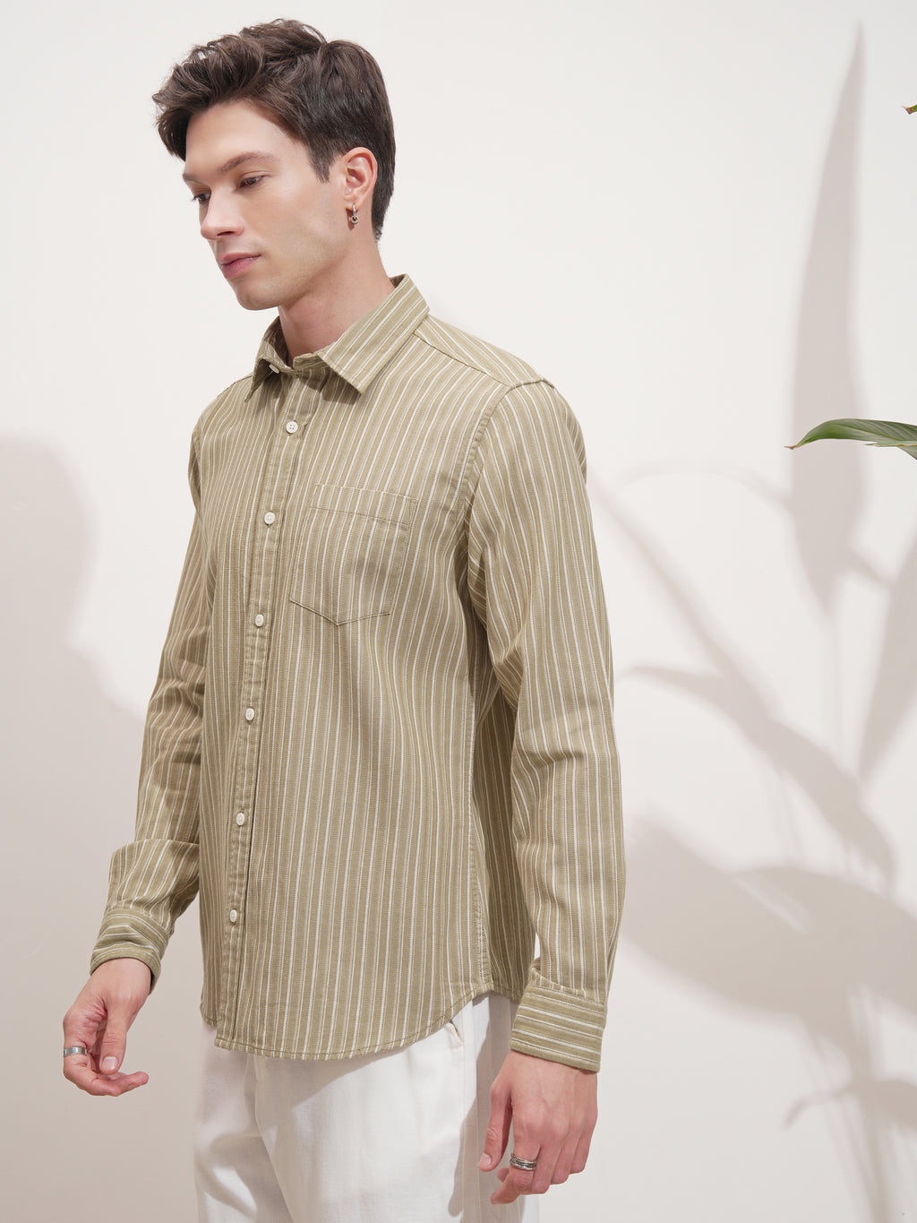 Highlander Men Khaki Striped Slim Fit Casual Shirt - Khaki - Image 4