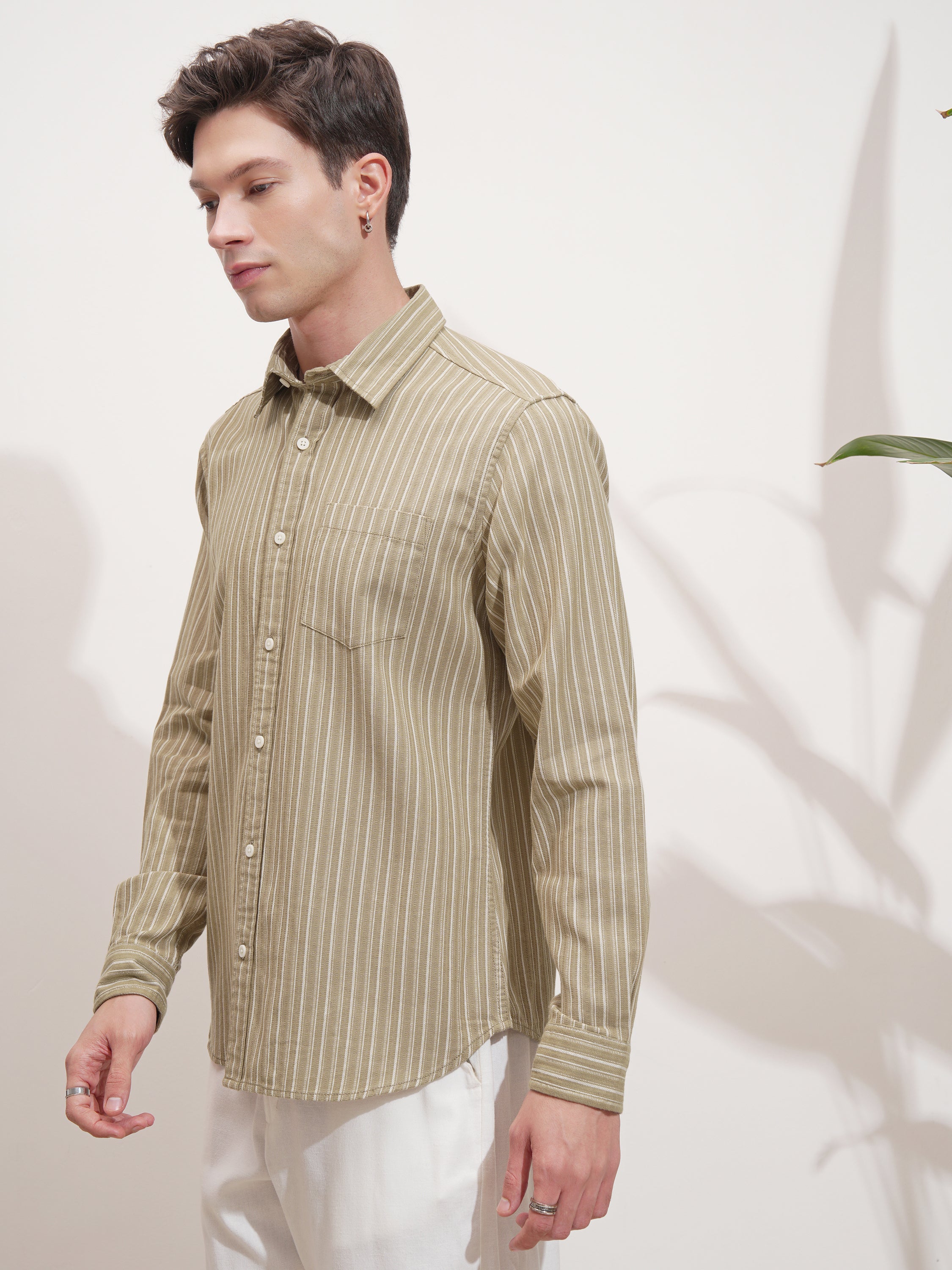 Highlander Men Khaki Striped Slim Fit Casual Shirt - Khaki - Image 4