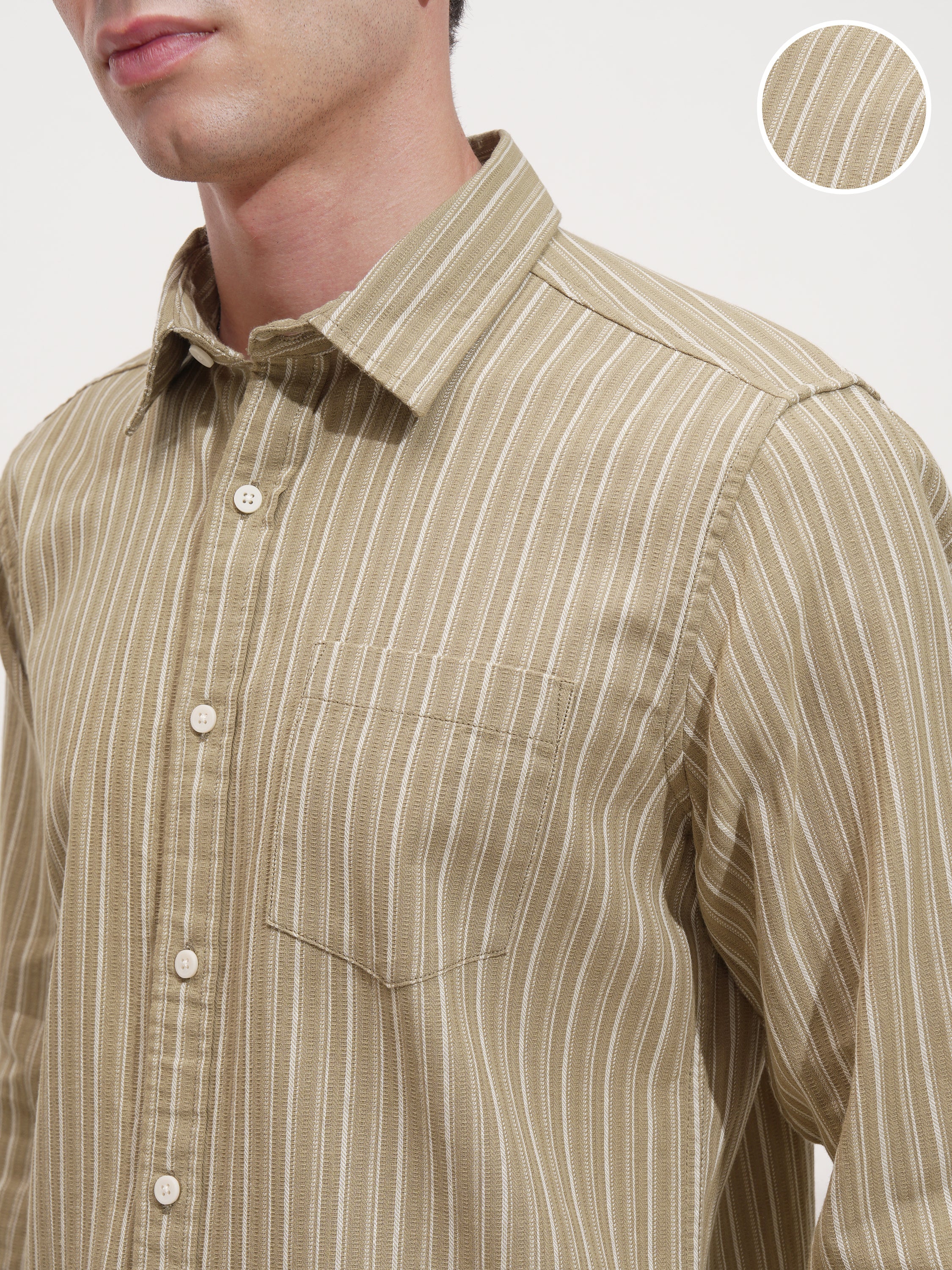 Highlander Men Khaki Striped Slim Fit Casual Shirt - Khaki - Image 5