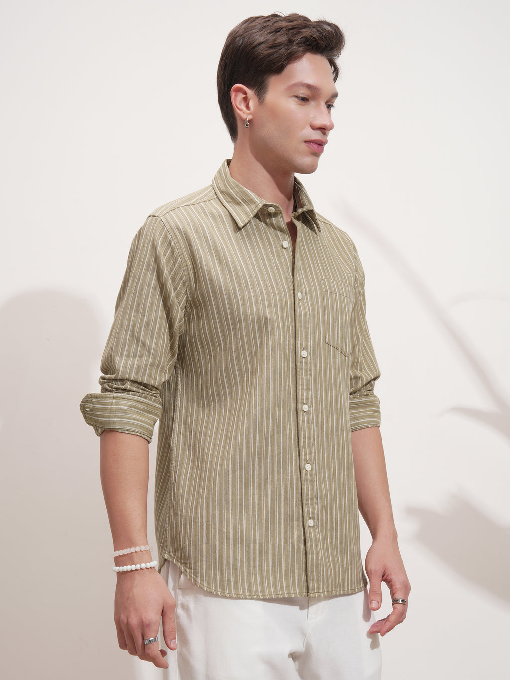 Highlander Men Khaki Striped Slim Fit Casual Shirt - Khaki - Image 6