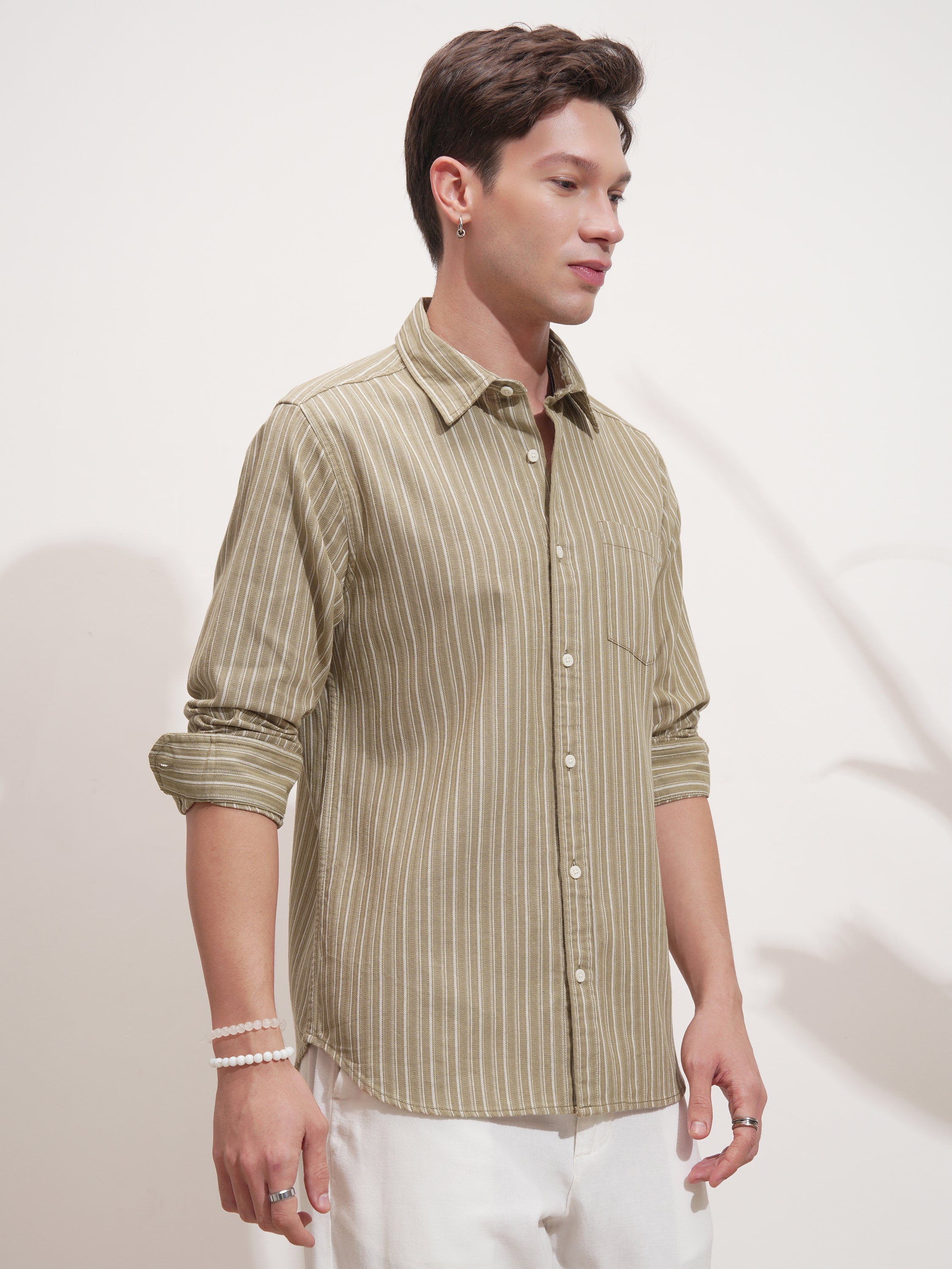 Highlander Men Khaki Striped Slim Fit Casual Shirt - Khaki - Image 6