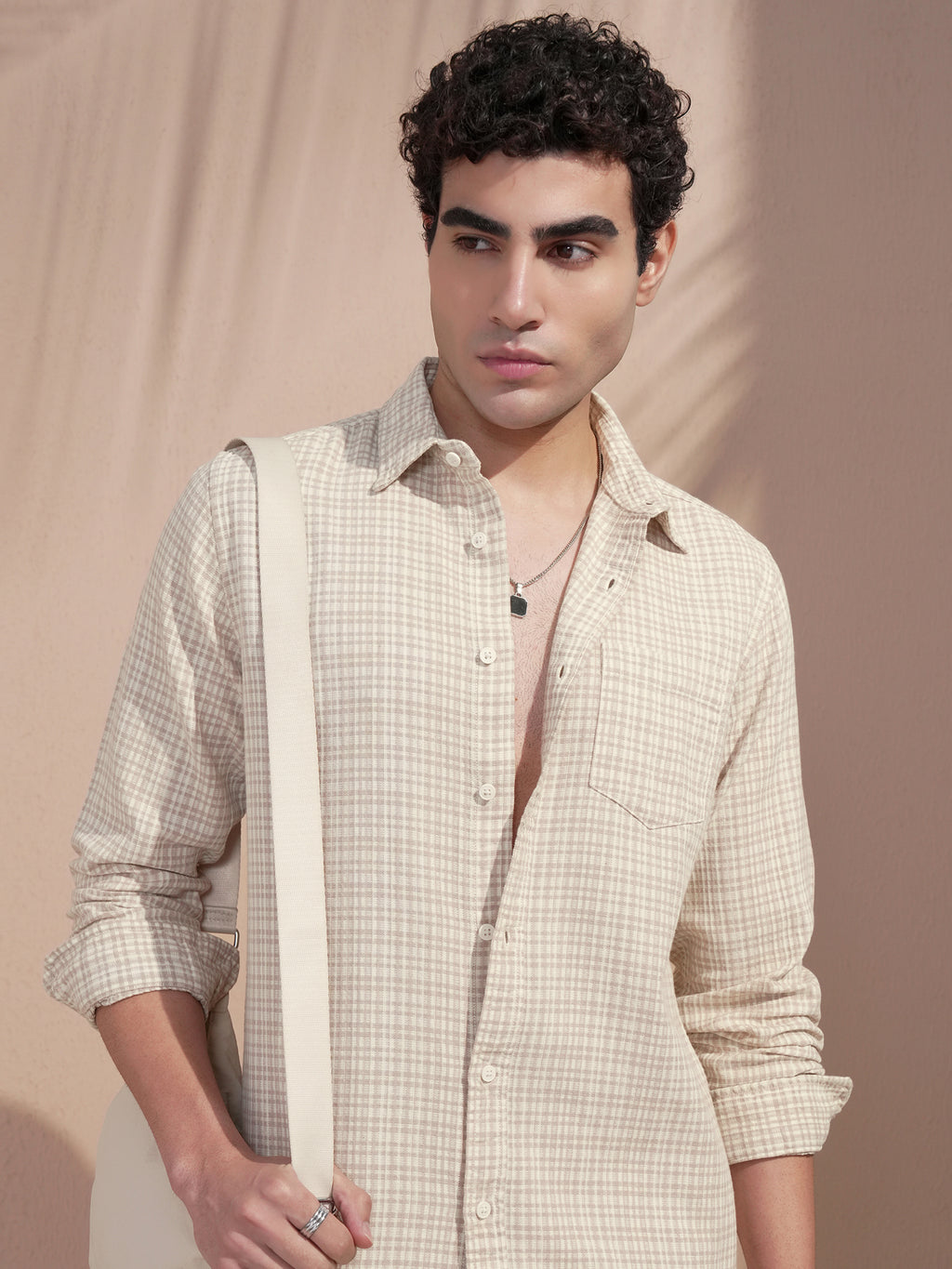 Highlander Men Beige Checked Slim Fit Casual Shirt - Beige - Image 1
