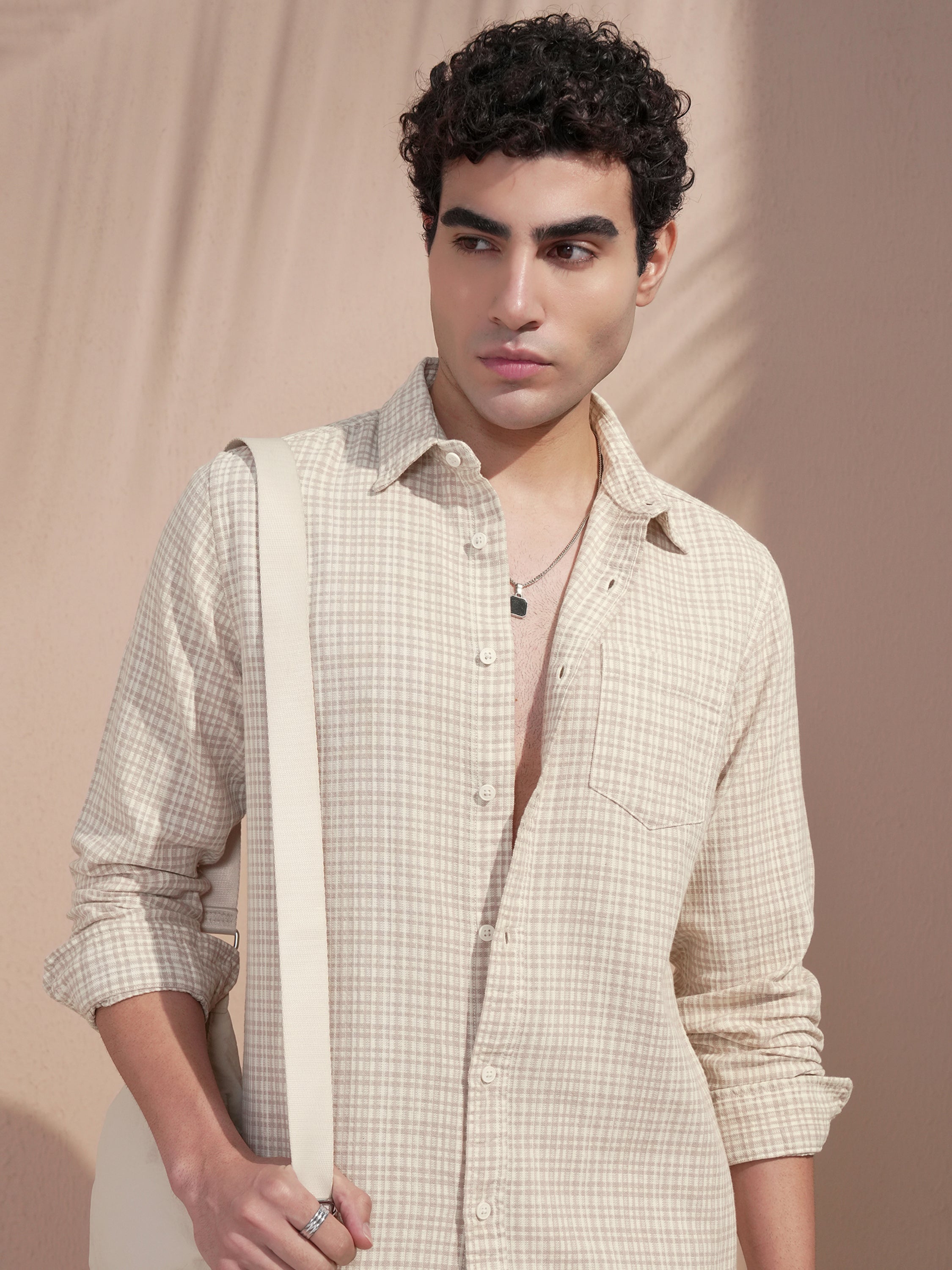 Highlander Men Beige Checked Slim Fit Casual Shirt - Beige - Image 1