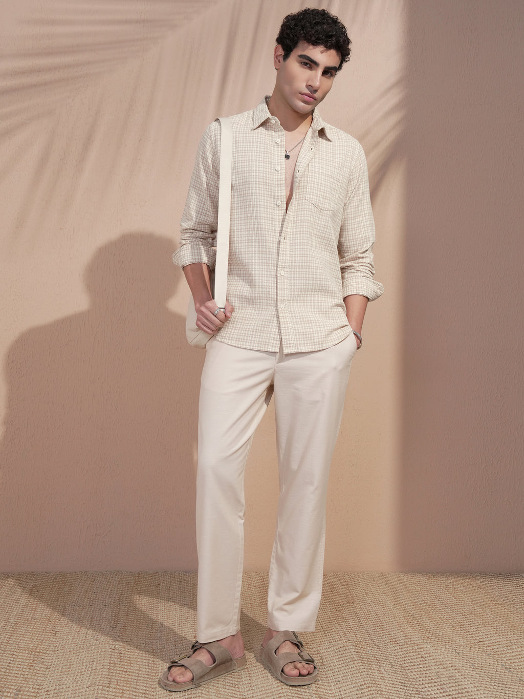 Highlander Men Beige Checked Slim Fit Casual Shirt - Beige - Image 2