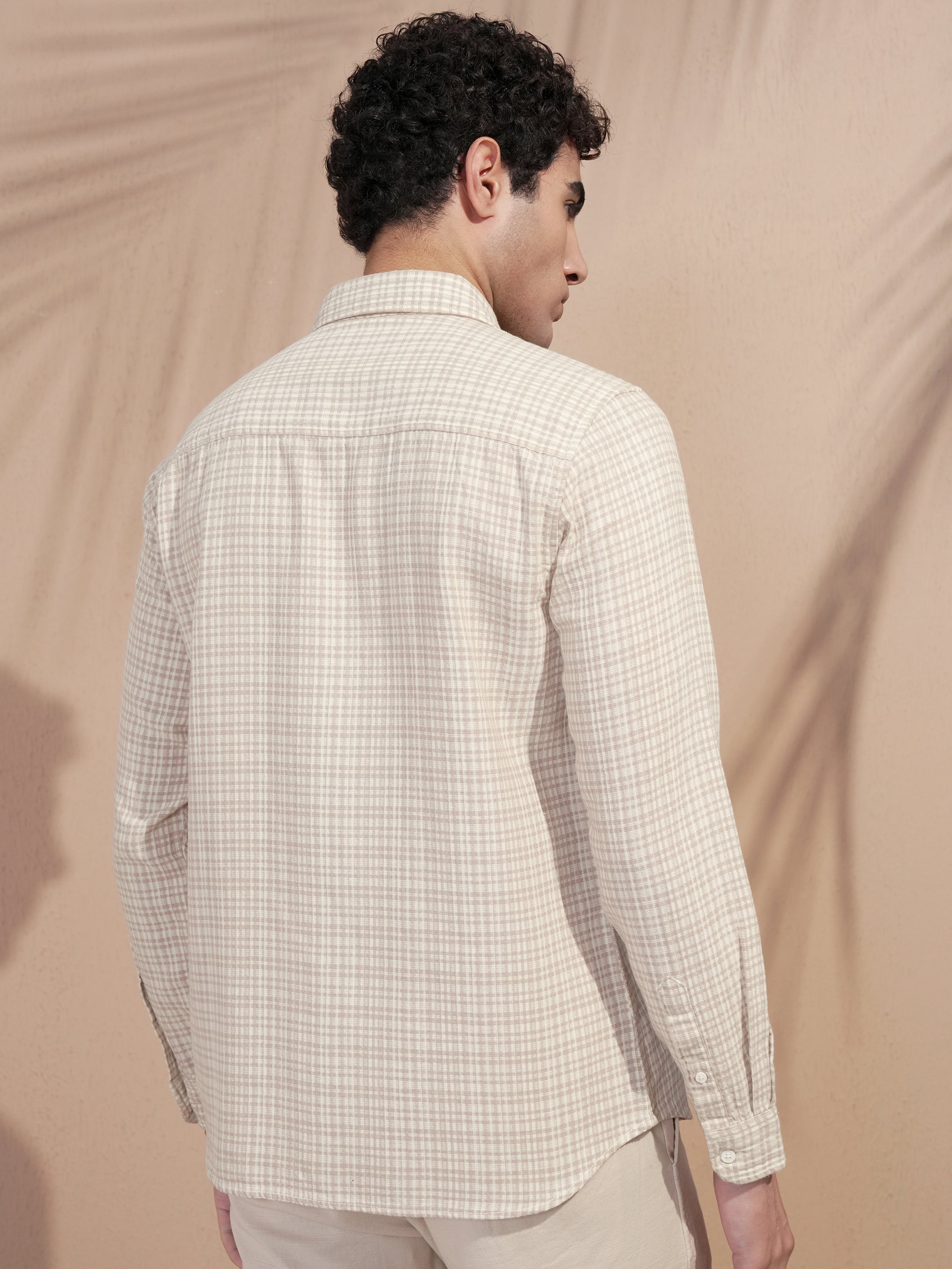 Highlander Men Beige Checked Slim Fit Casual Shirt - Beige - Image 3