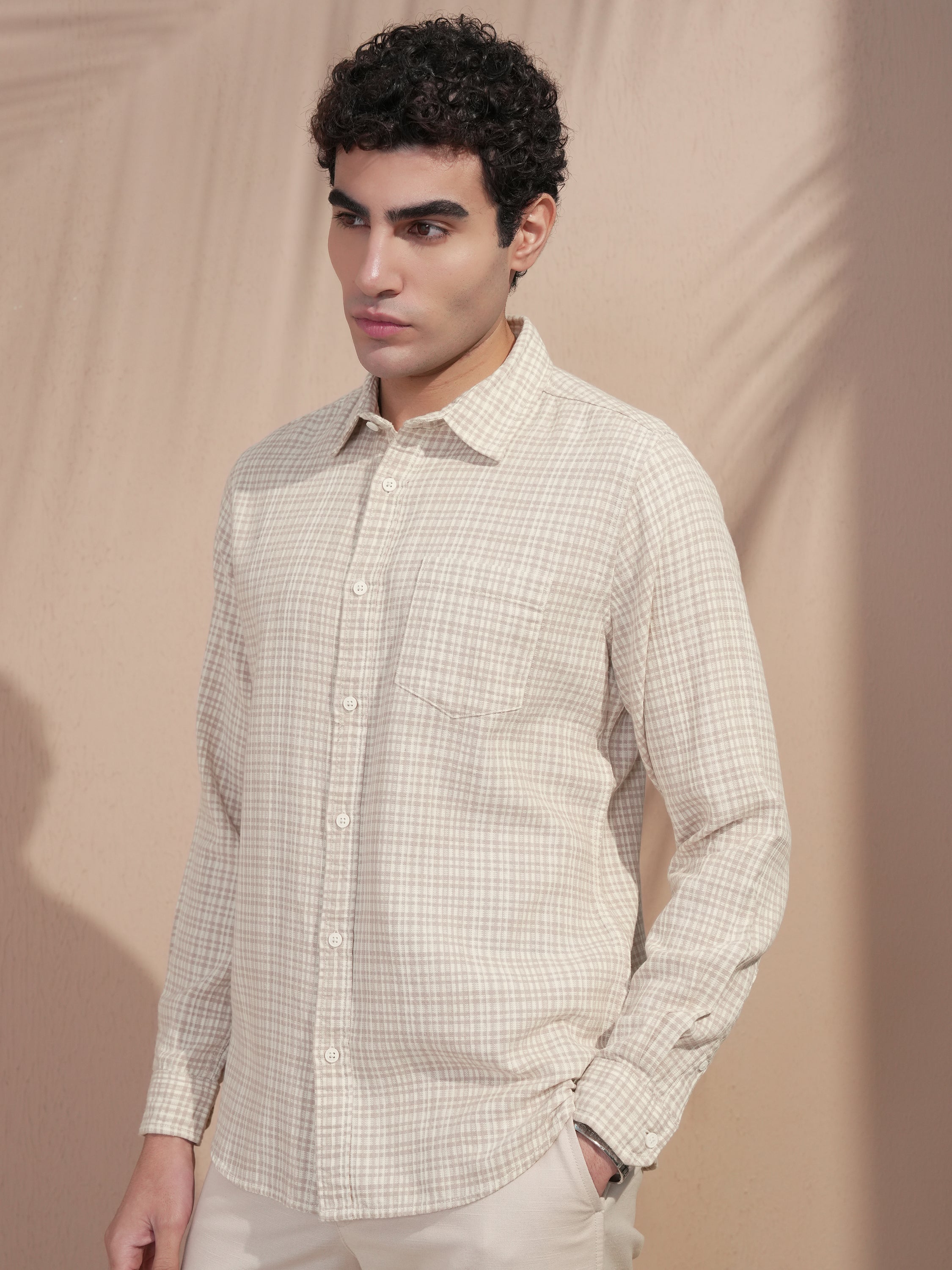 Highlander Men Beige Checked Slim Fit Casual Shirt - Beige - Image 4