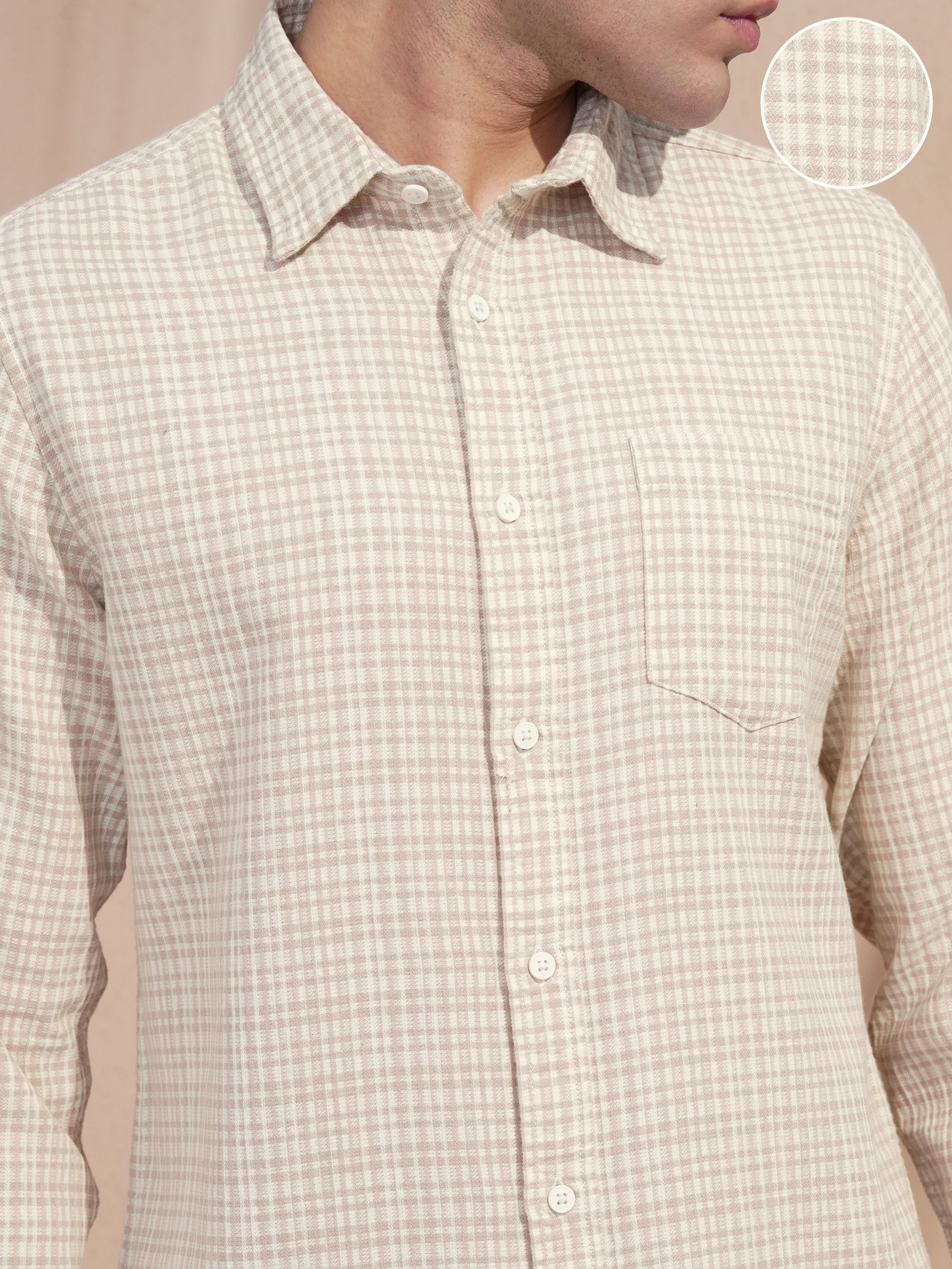 Highlander Men Beige Checked Slim Fit Casual Shirt - Beige - Image 5