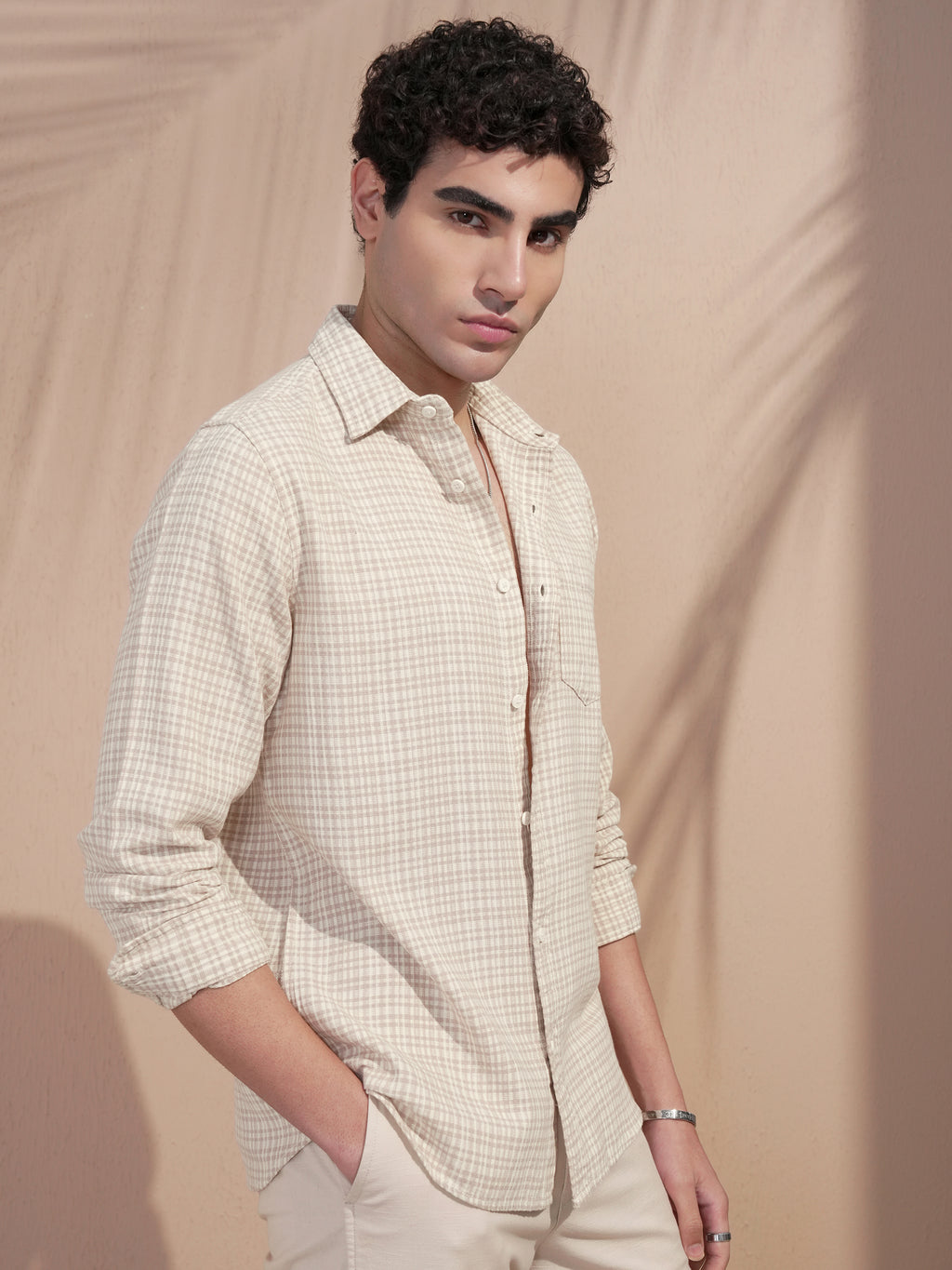 Highlander Men Beige Checked Slim Fit Casual Shirt - Beige - Image 6