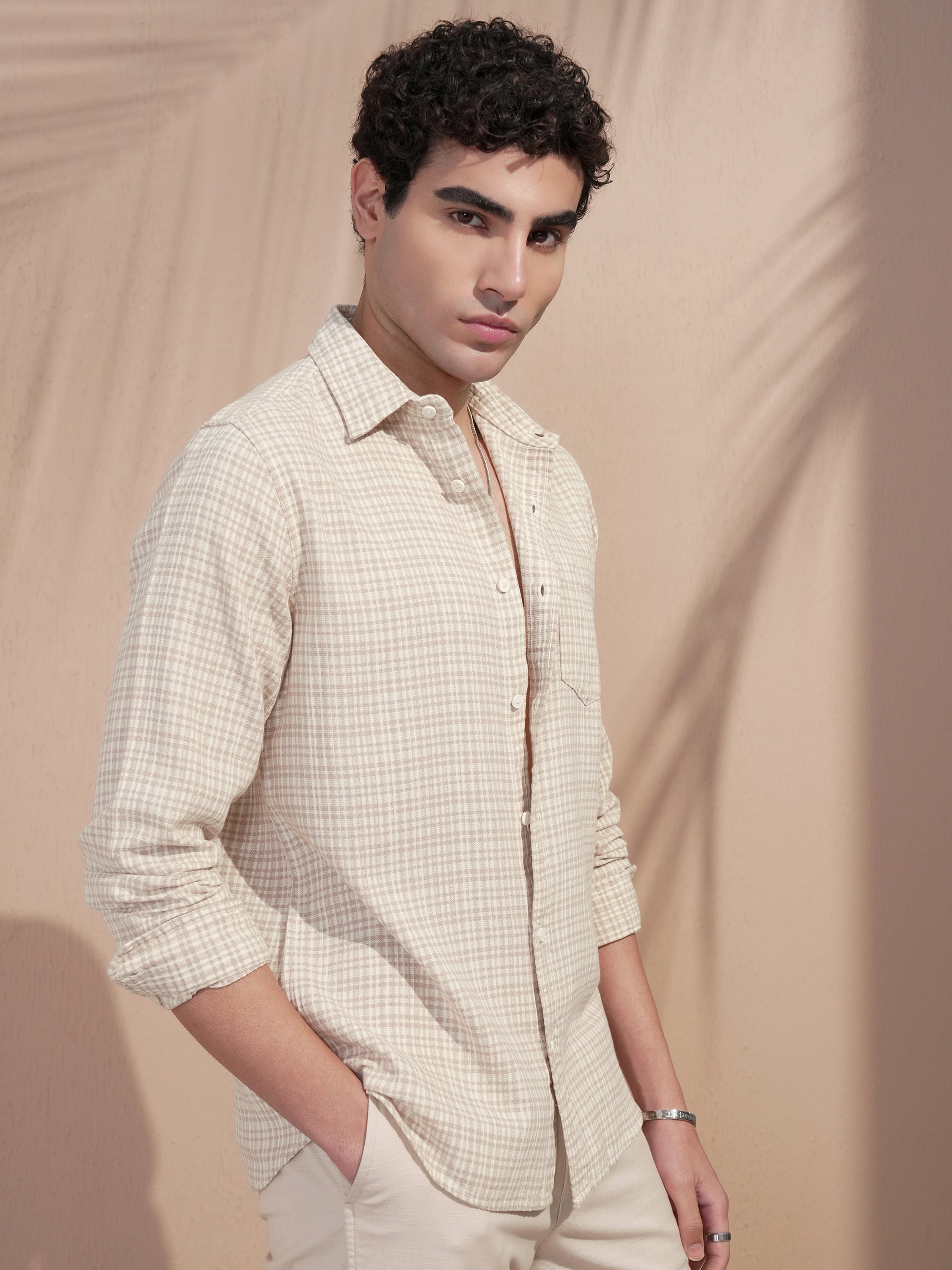 Highlander Men Beige Checked Slim Fit Casual Shirt - Beige - Image 6