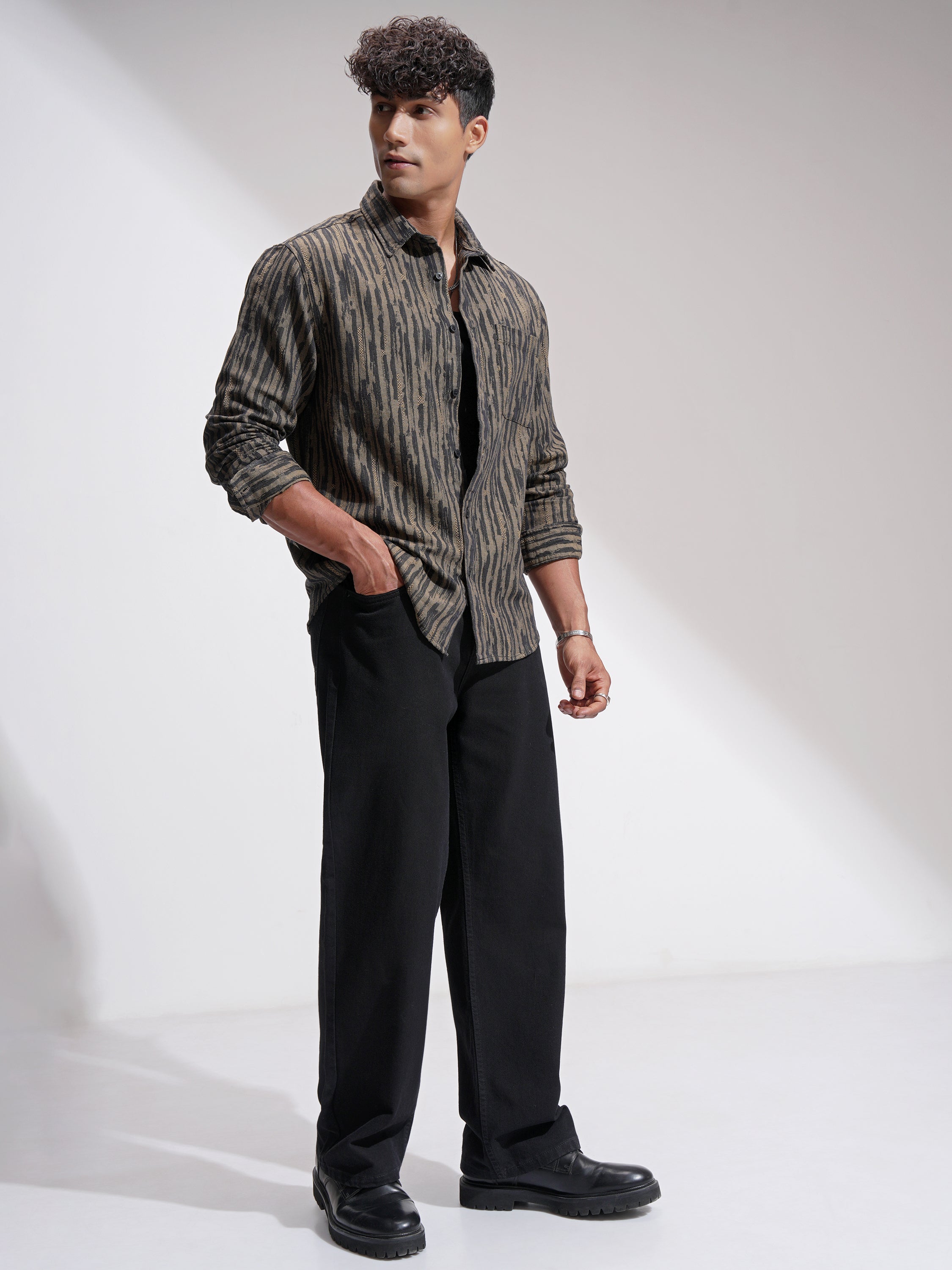 Highlander Men Black Self Design Relaxed Fit Casual Shirt - Black - Image 2