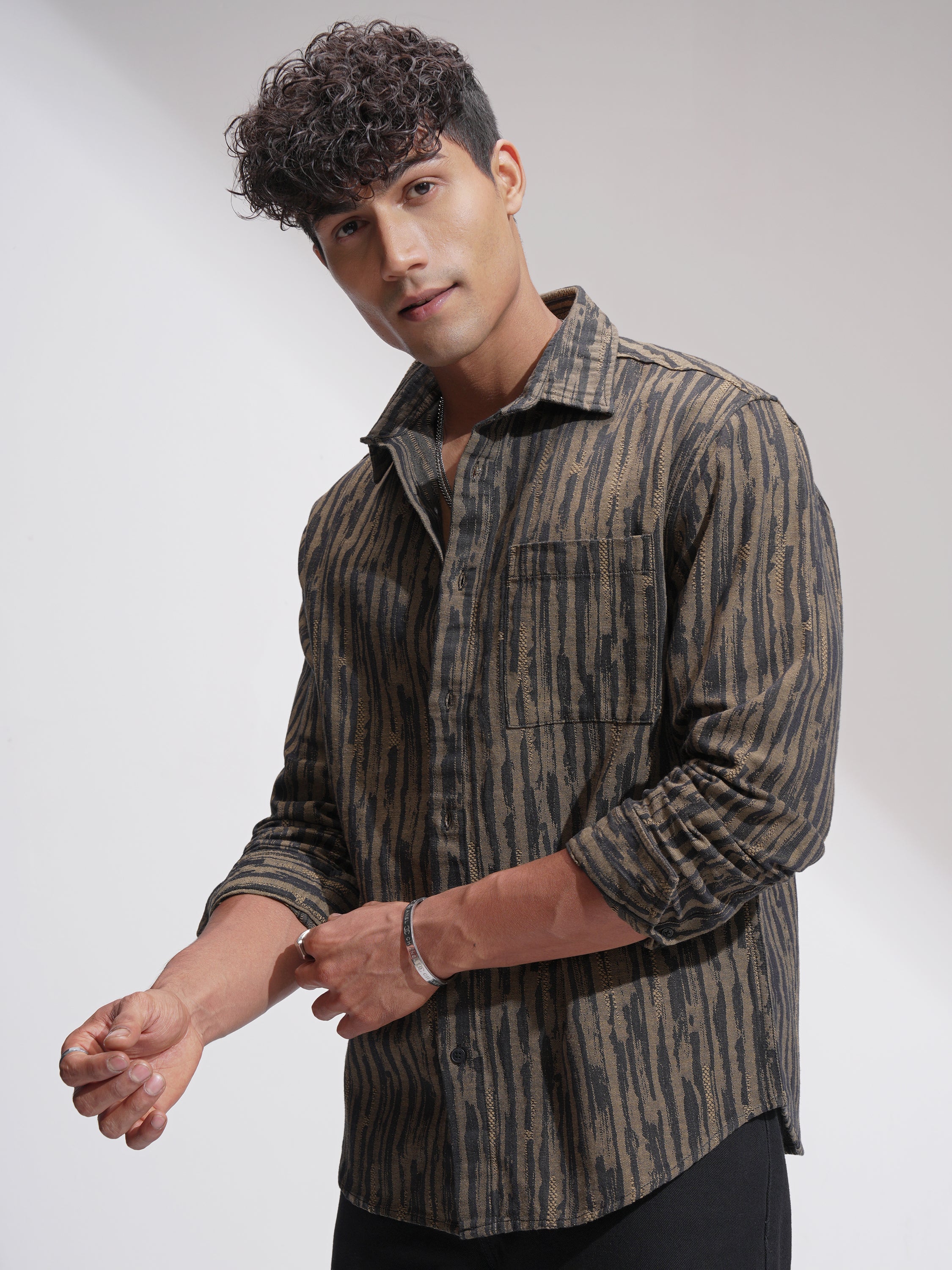 Highlander Men Black Self Design Relaxed Fit Casual Shirt - Black - Image 4