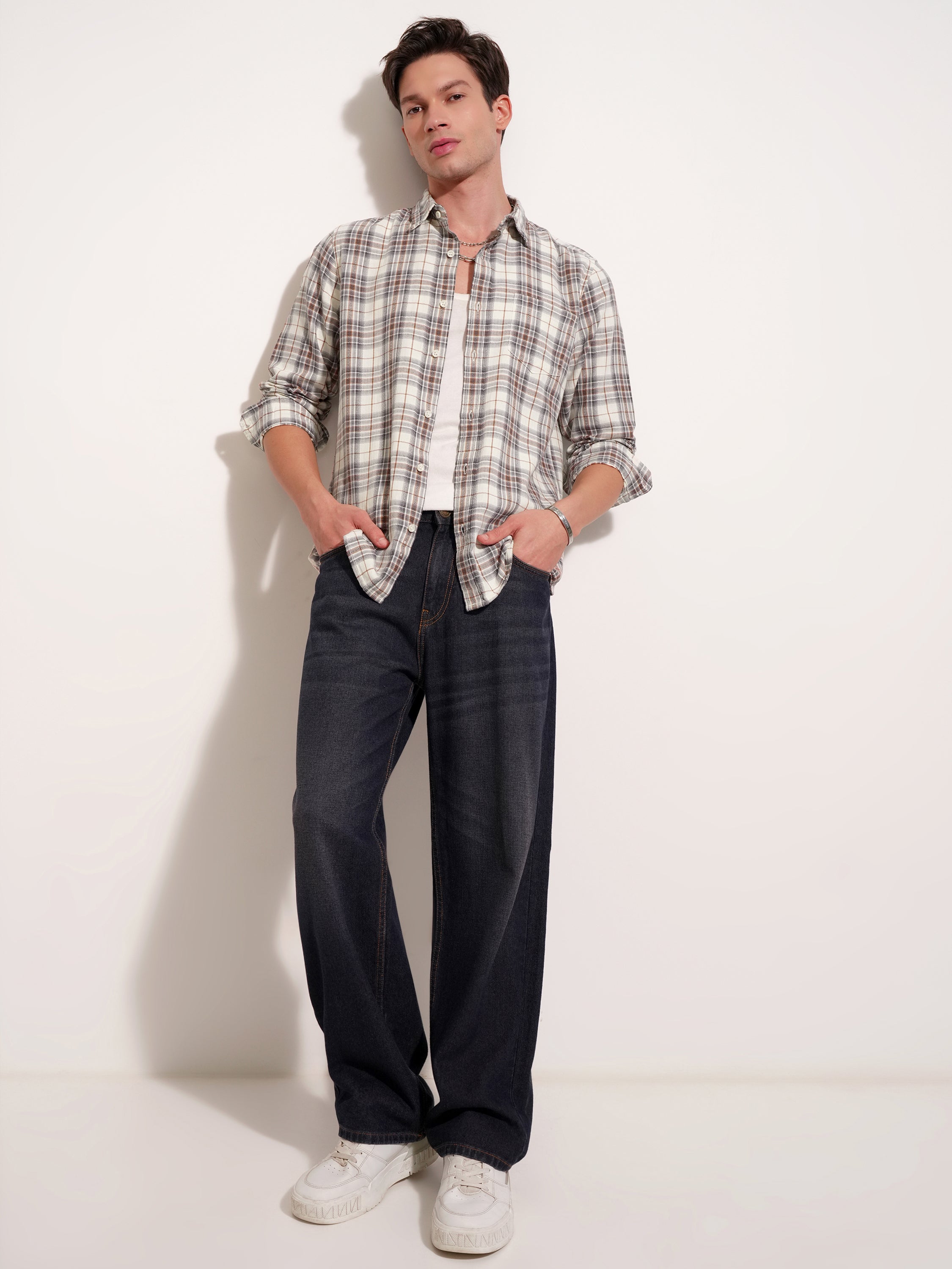 Highlander Men Cream Checked Slim Fit Casual Shirt - Cream - Image 2