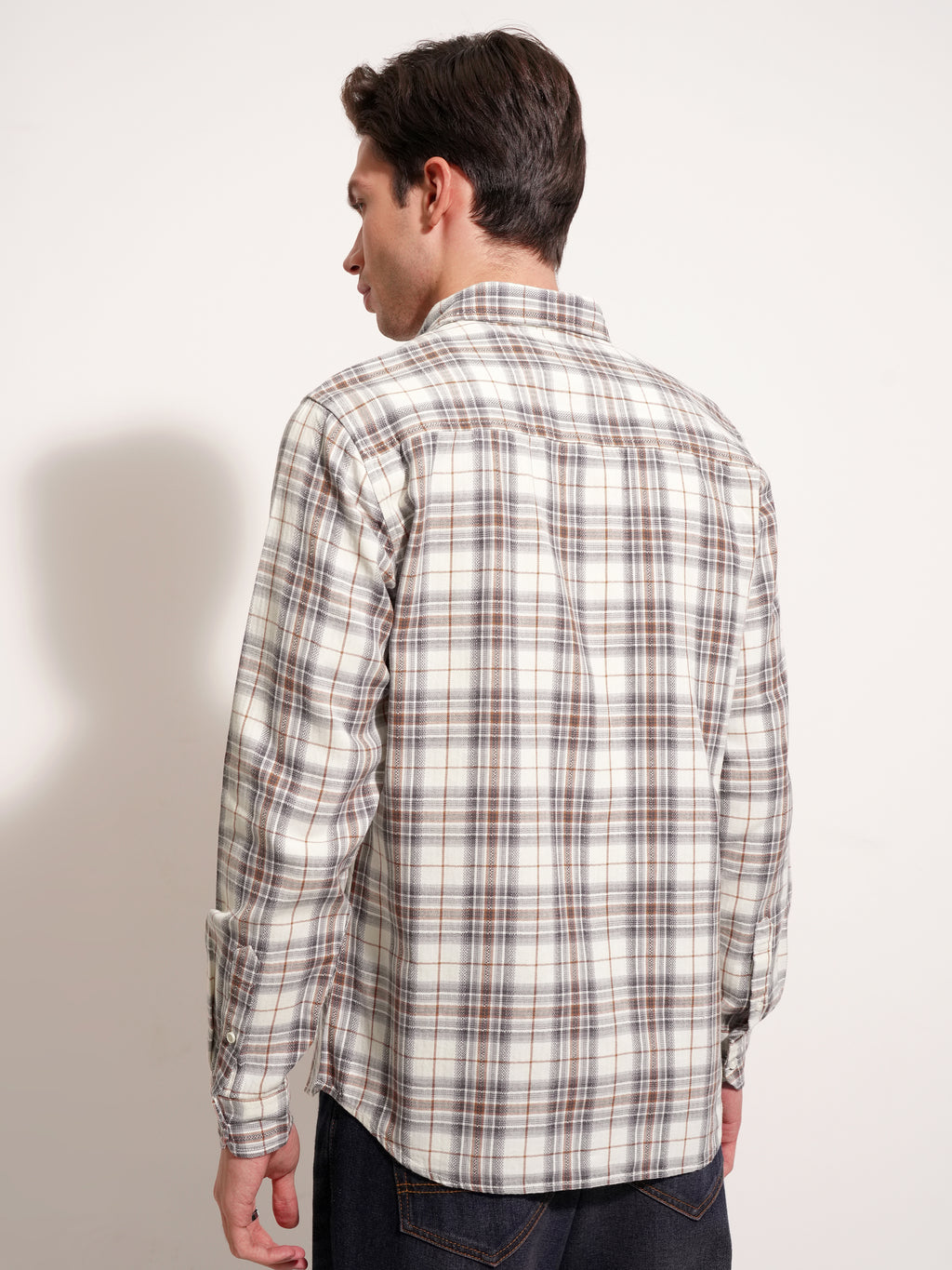 Highlander Men Cream Checked Slim Fit Casual Shirt - Cream - Image 3