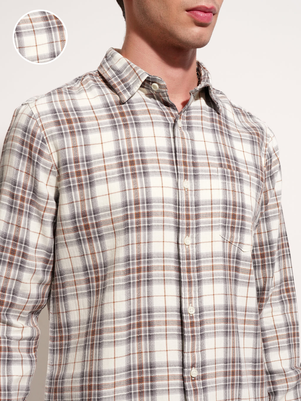 Highlander Men Cream Checked Slim Fit Casual Shirt - Cream - Image 5
