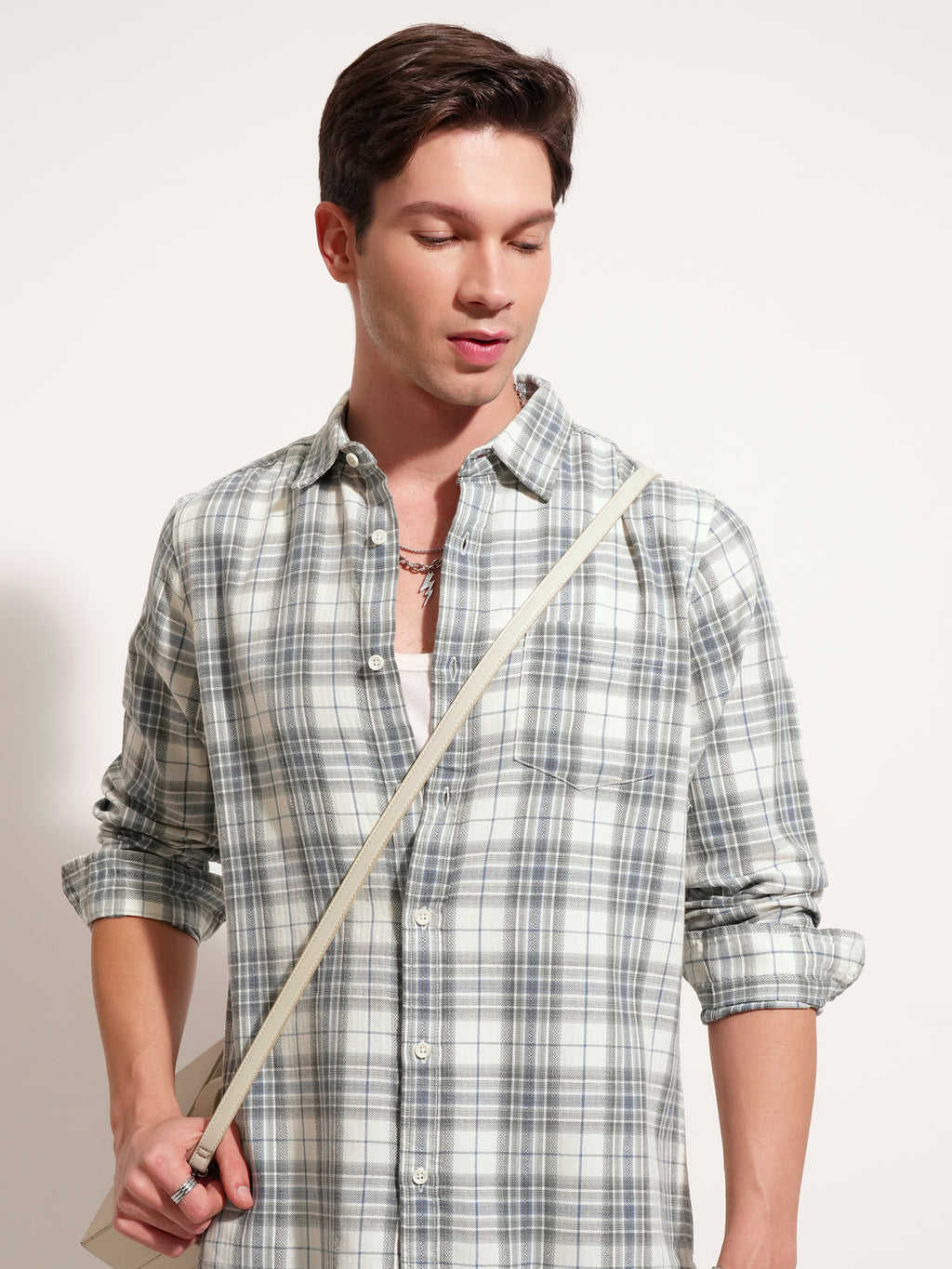 Highlander Men Cream Checked Slim Fit Casual Shirt - Cream - Image 1