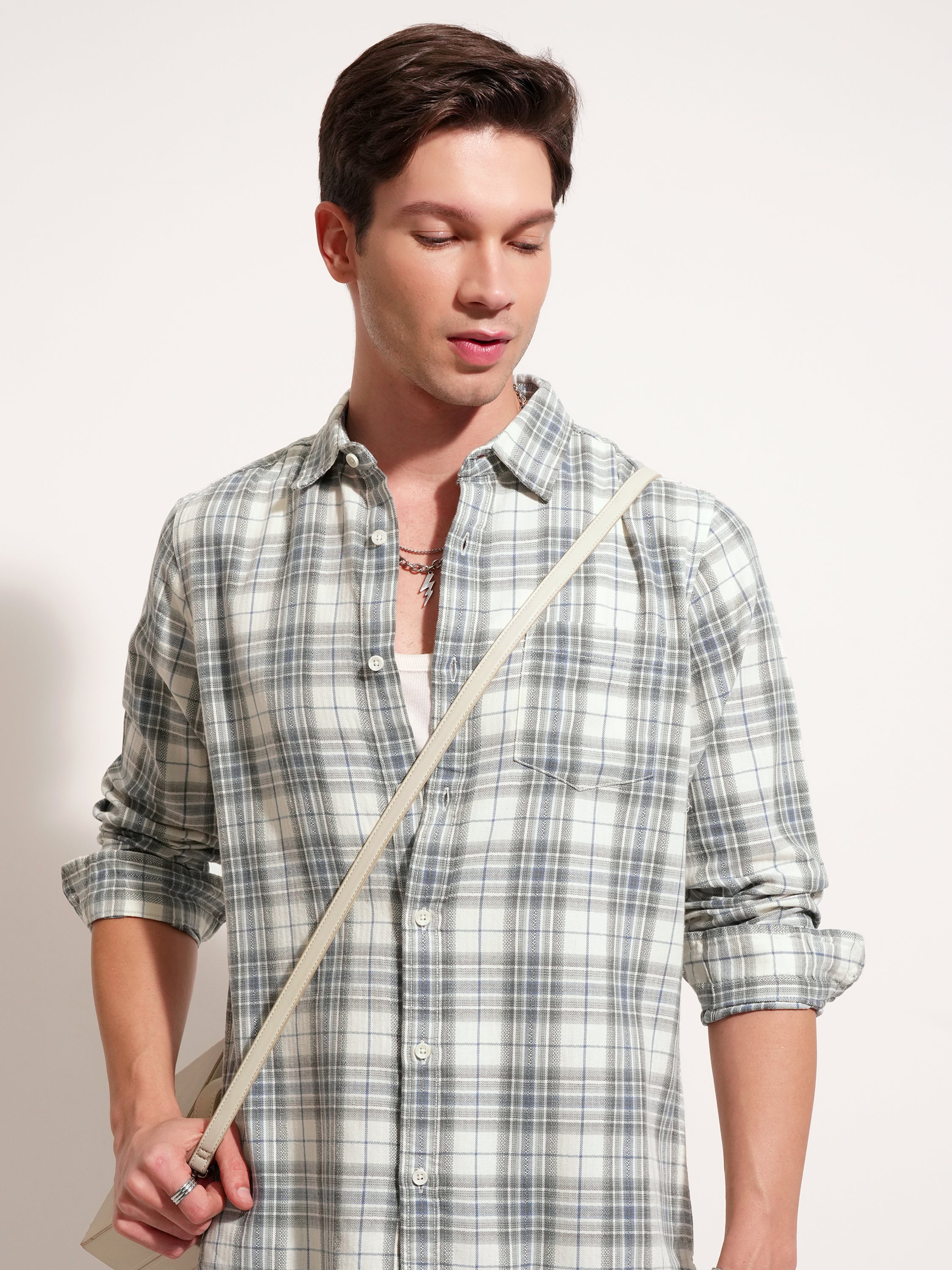 Highlander Men Cream Checked Slim Fit Casual Shirt - Cream - Image 1