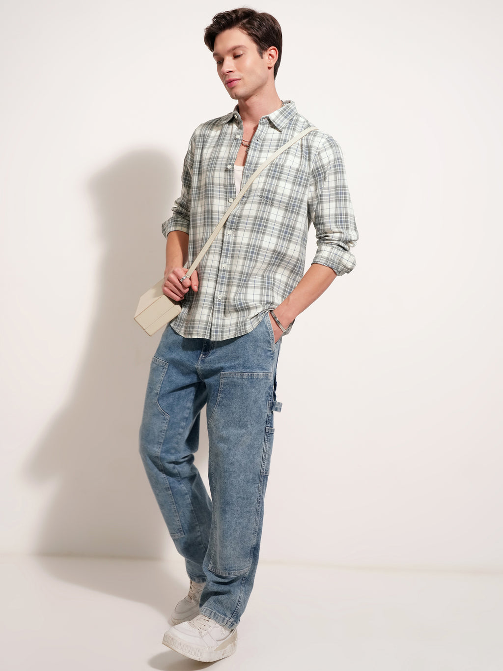Highlander Men Cream Checked Slim Fit Casual Shirt - Cream - Image 2