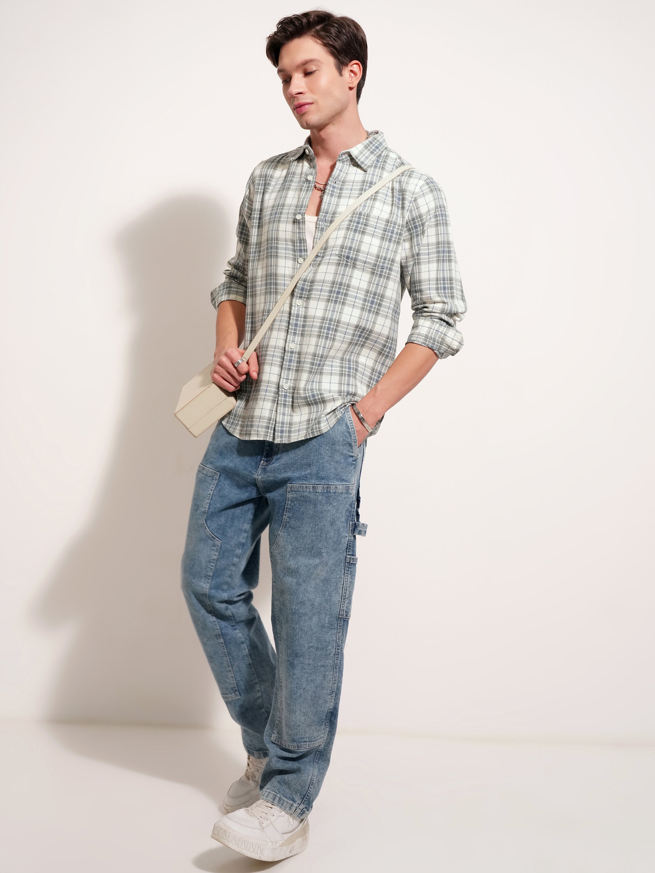 Highlander Men Cream Checked Slim Fit Casual Shirt - Cream - Image 2