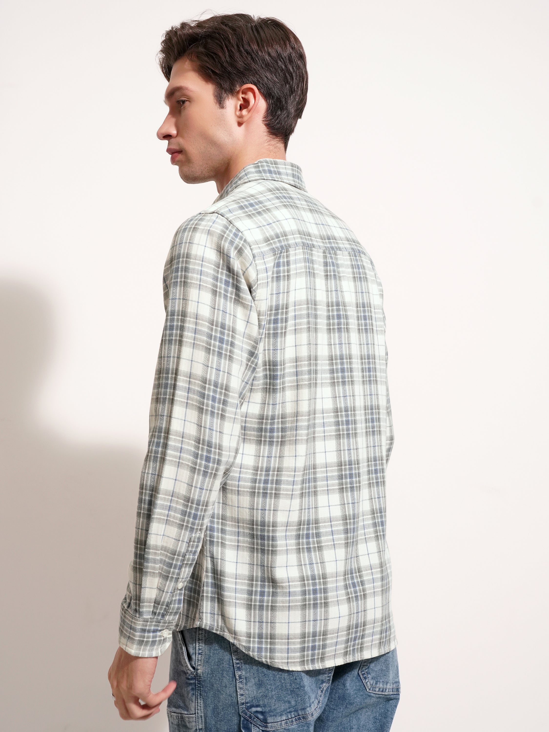 Highlander Men Cream Checked Slim Fit Casual Shirt - Cream - Image 3
