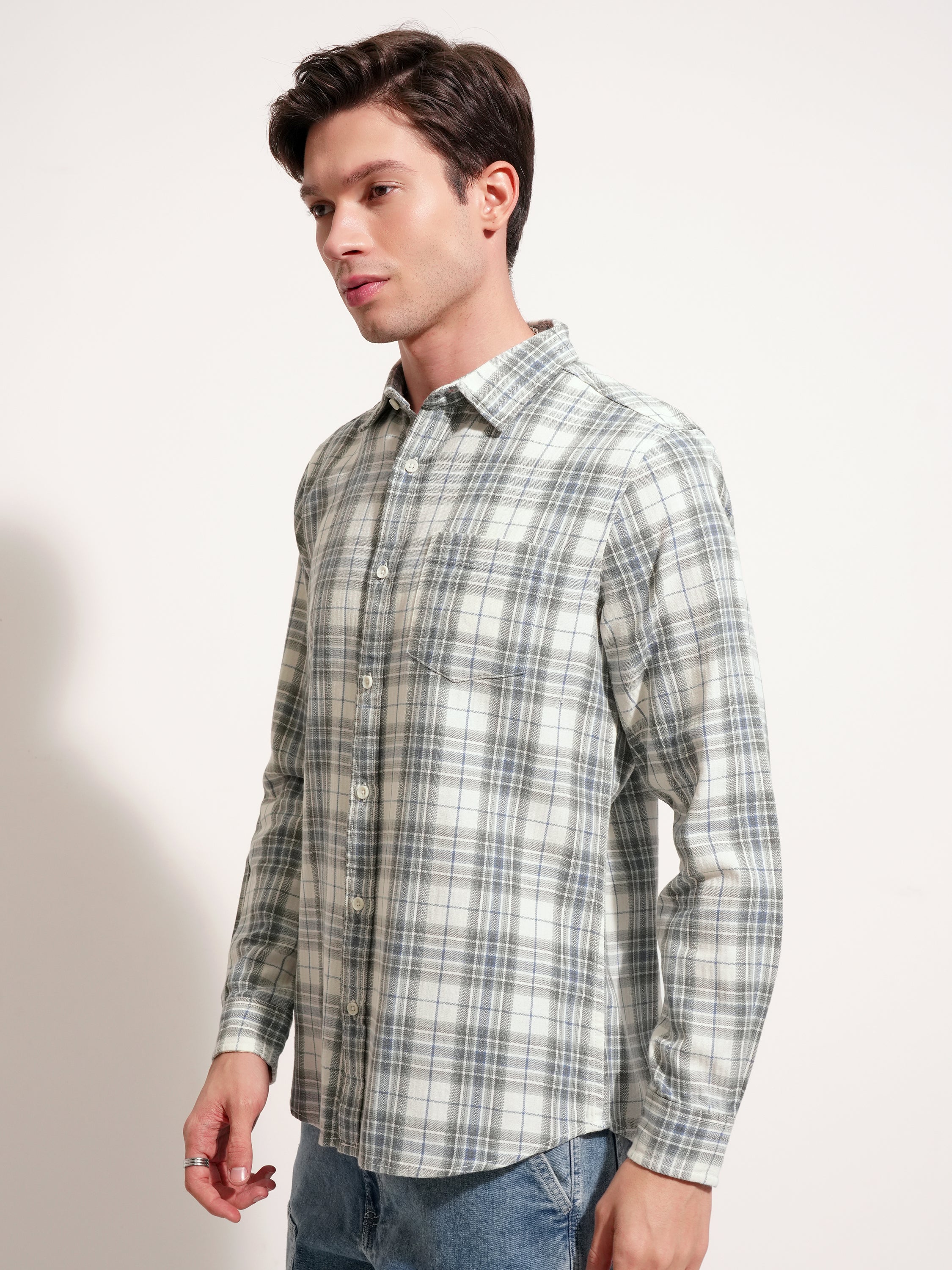 Highlander Men Cream Checked Slim Fit Casual Shirt - Cream - Image 4