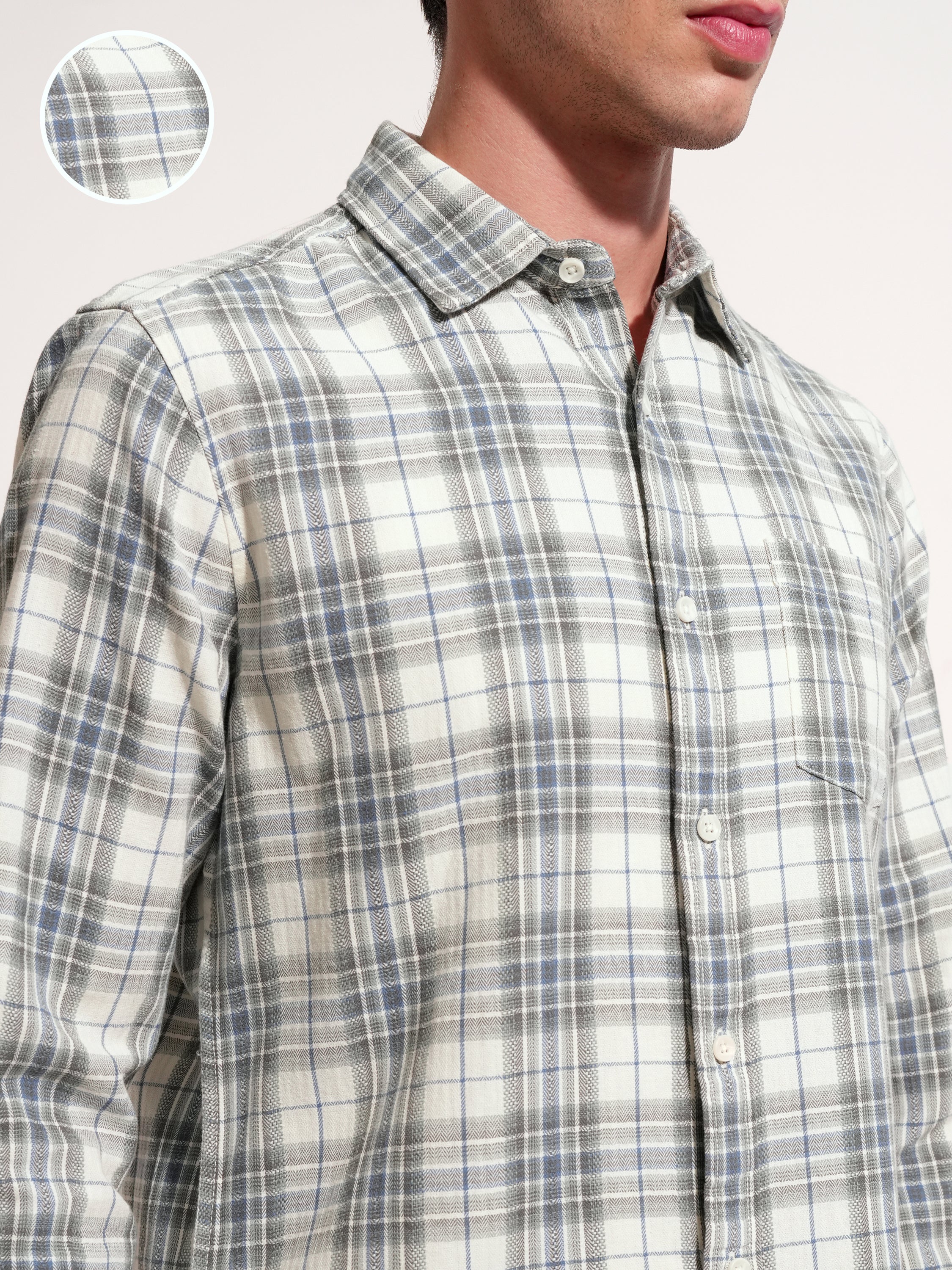 Highlander Men Cream Checked Slim Fit Casual Shirt - Cream - Image 5