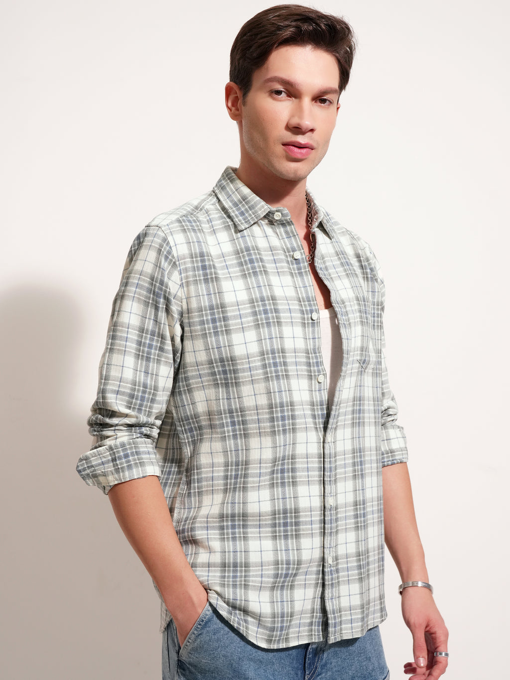 Highlander Men Cream Checked Slim Fit Casual Shirt - Cream - Image 6