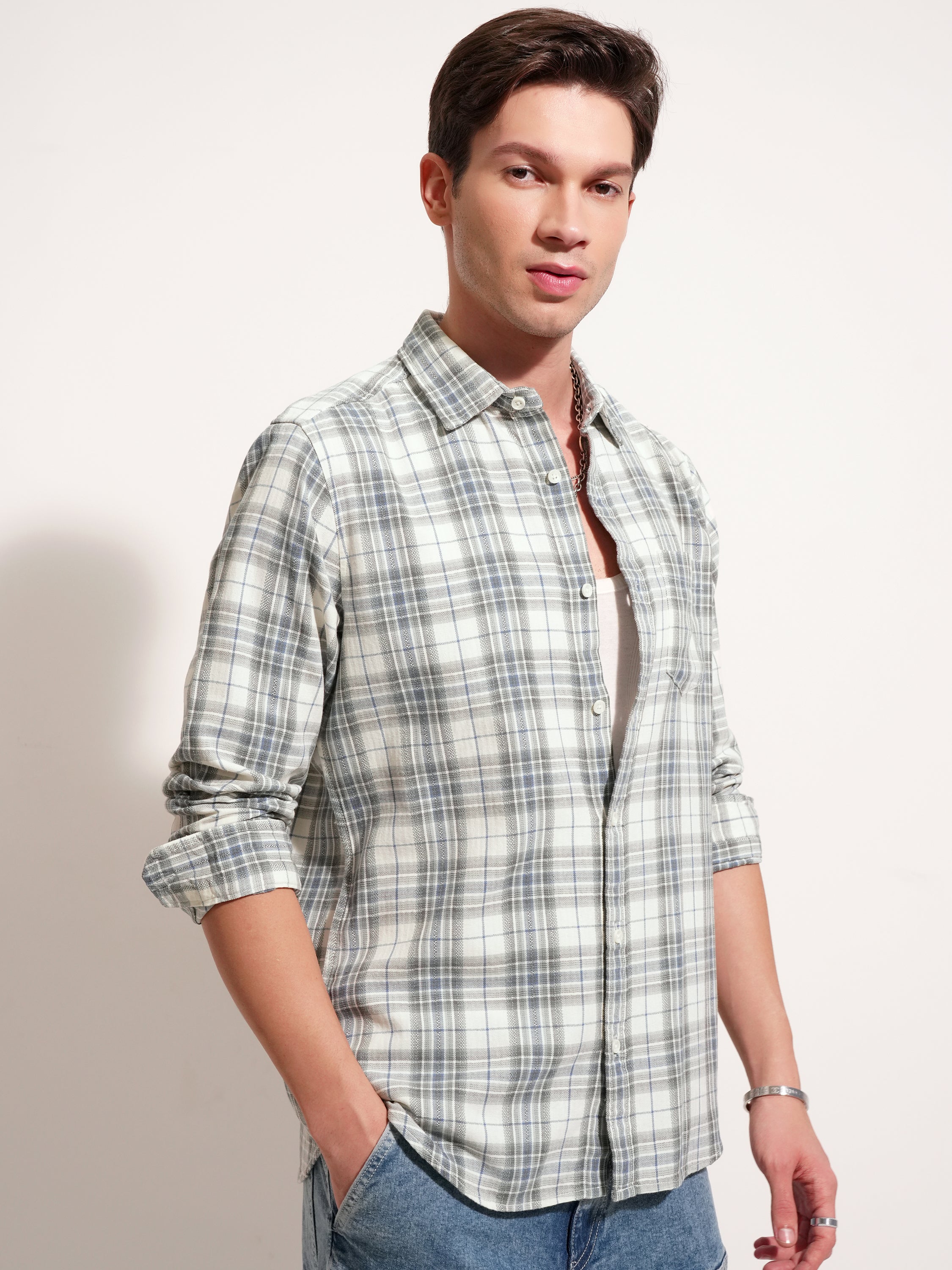 Highlander Men Cream Checked Slim Fit Casual Shirt - Cream - Image 6