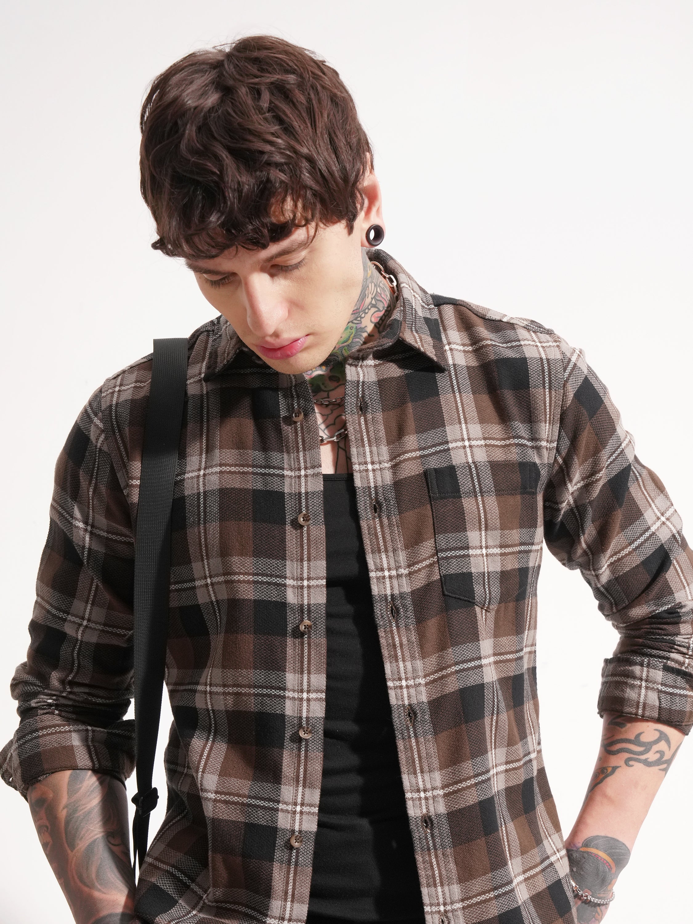 Highlander Men Brown Checked Slim Fit Casual Shirt - Brown - Image 1