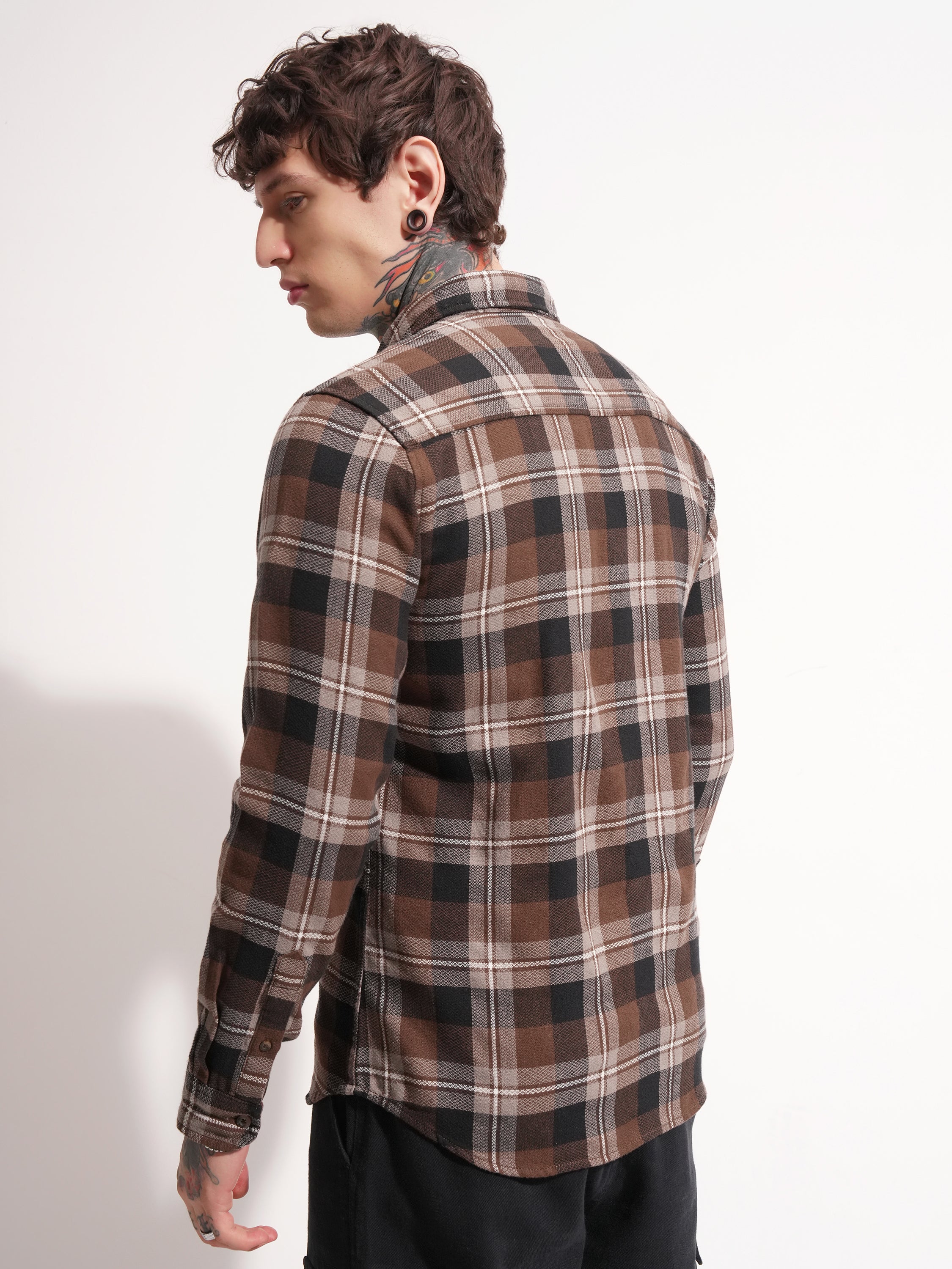 Highlander Men Brown Checked Slim Fit Casual Shirt - Brown - Image 3