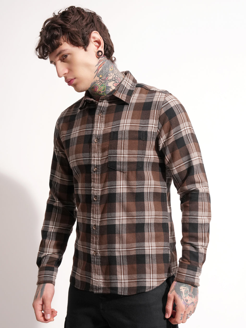 Highlander Men Brown Checked Slim Fit Casual Shirt - Brown - Image 4