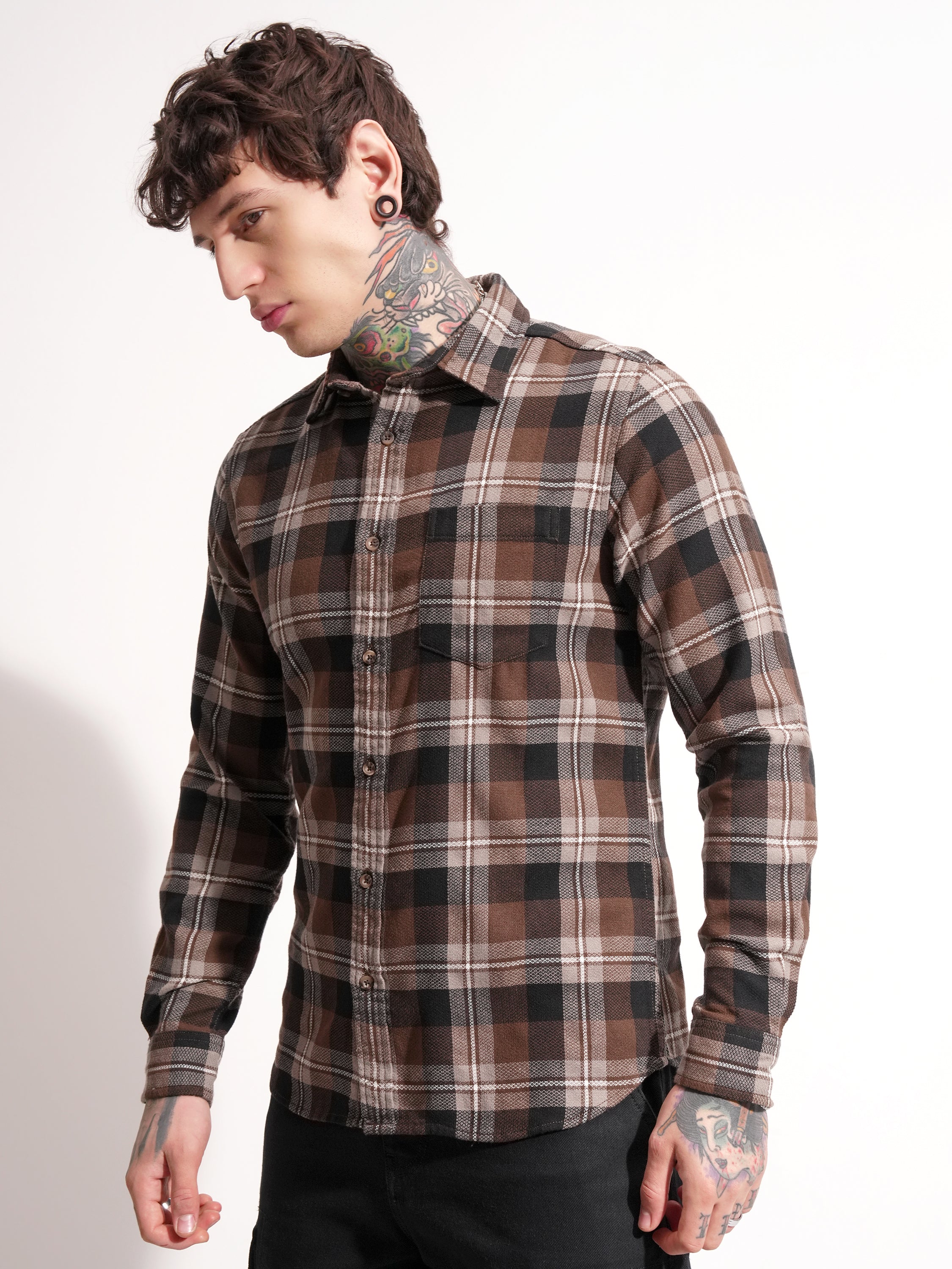 Highlander Men Brown Checked Slim Fit Casual Shirt - Brown - Image 4