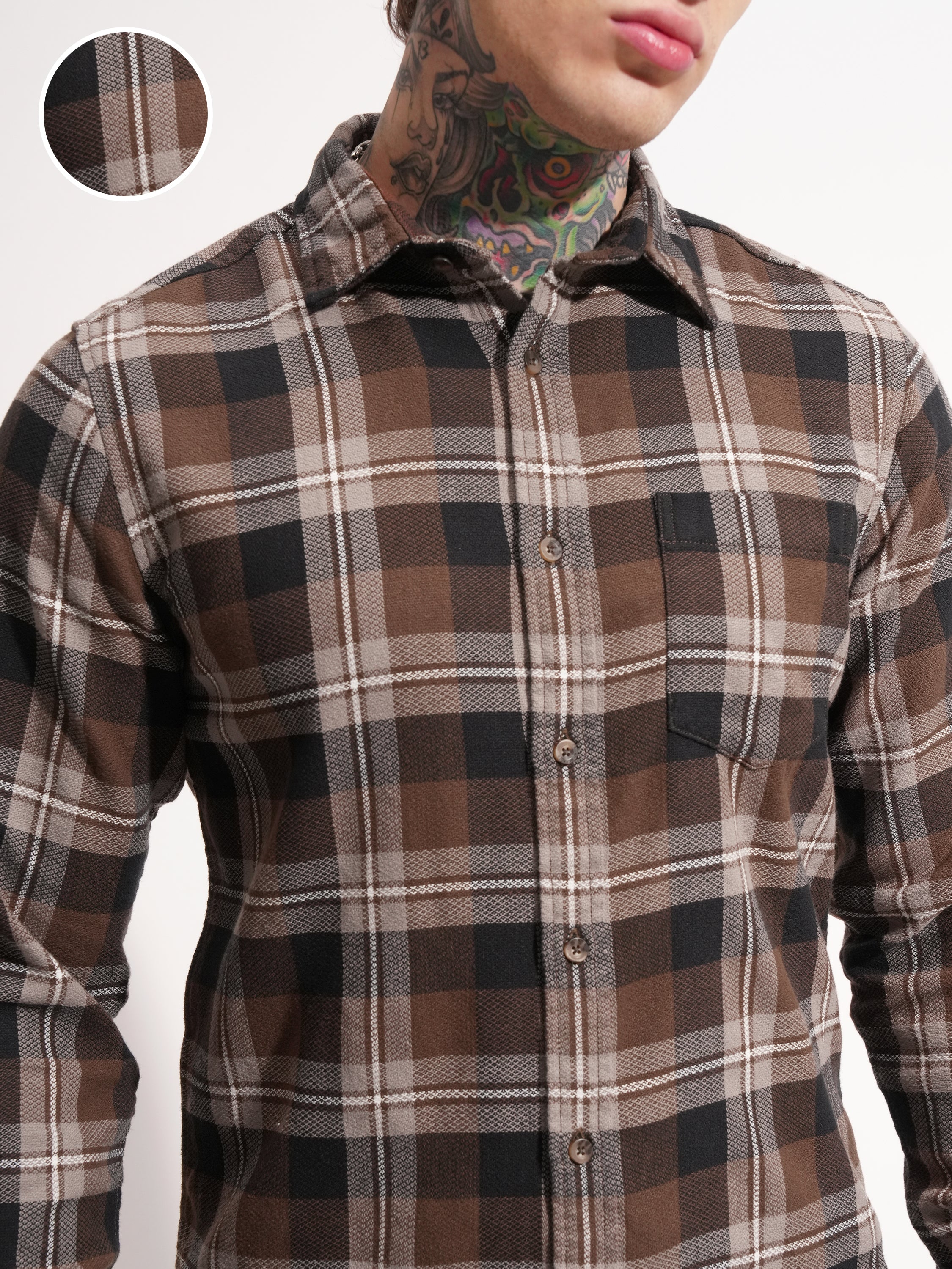 Highlander Men Brown Checked Slim Fit Casual Shirt - Brown - Image 5