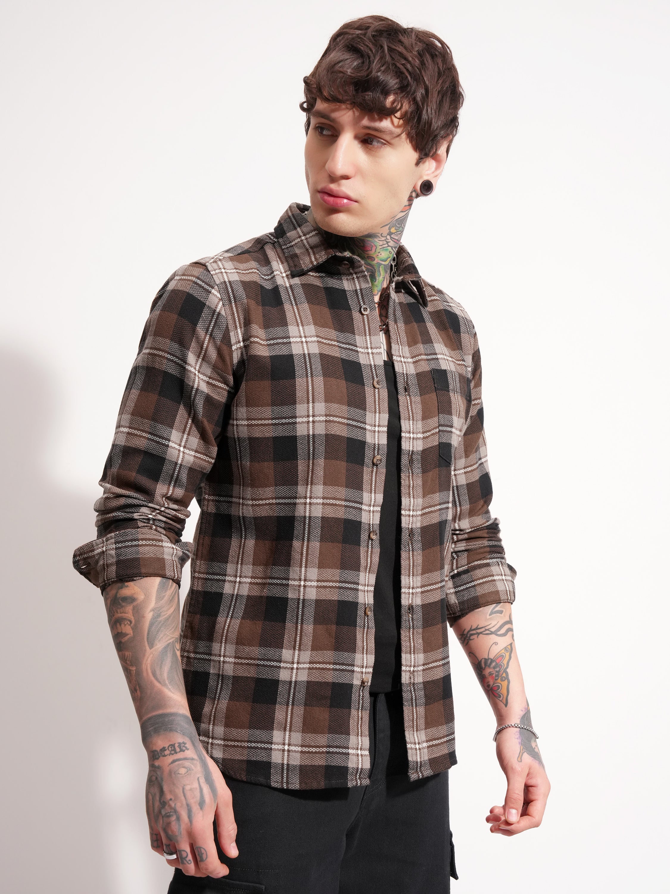 Highlander Men Brown Checked Slim Fit Casual Shirt - Brown - Image 6