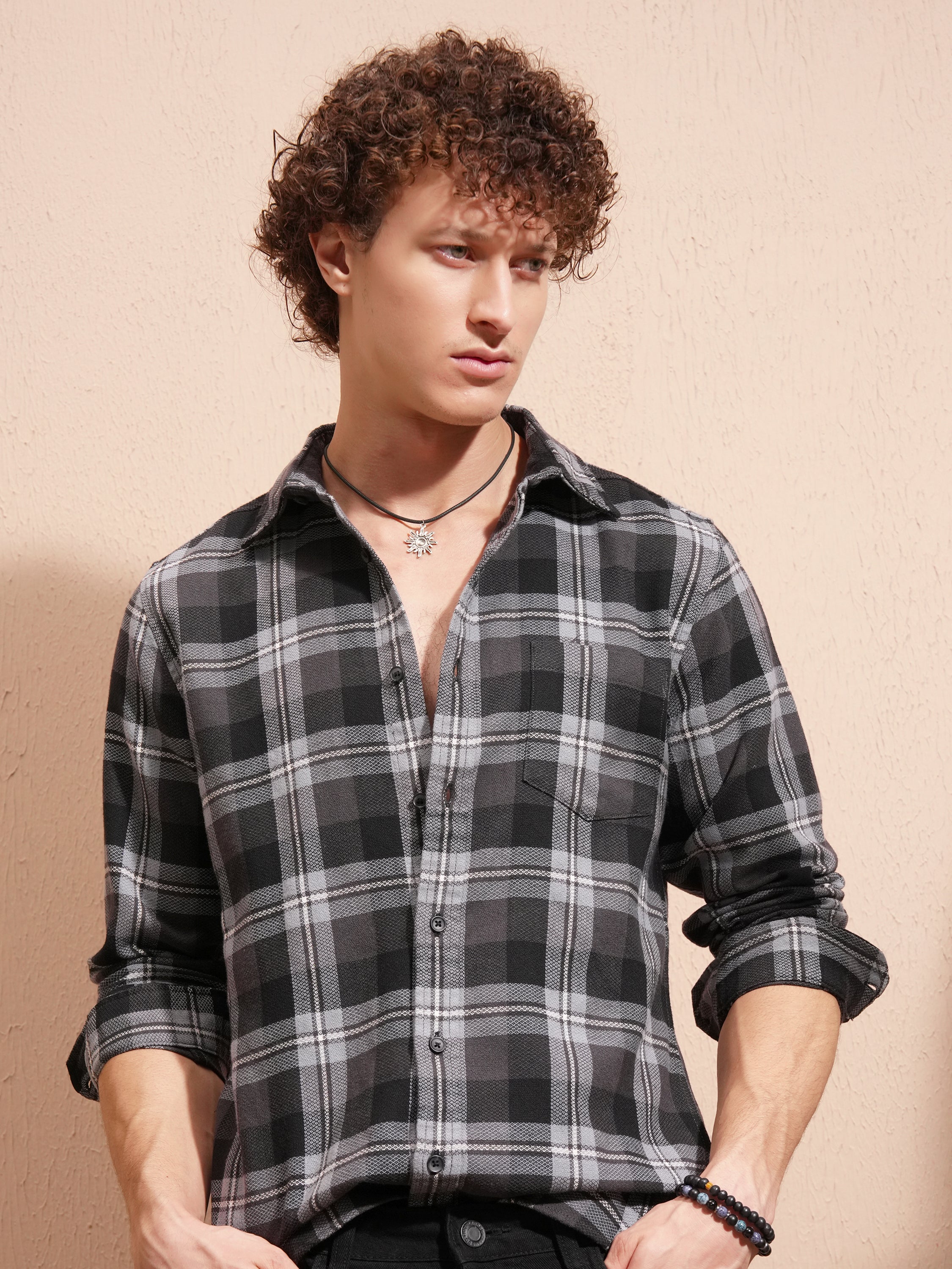 Highlander Men Charcoal Checked Slim Fit Casual Shirt - Charcoal - Image 1