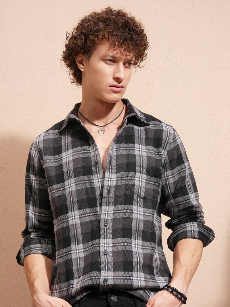 Highlander Men Charcoal Checked Slim Fit Casual Shirt - Charcoal - Image 1