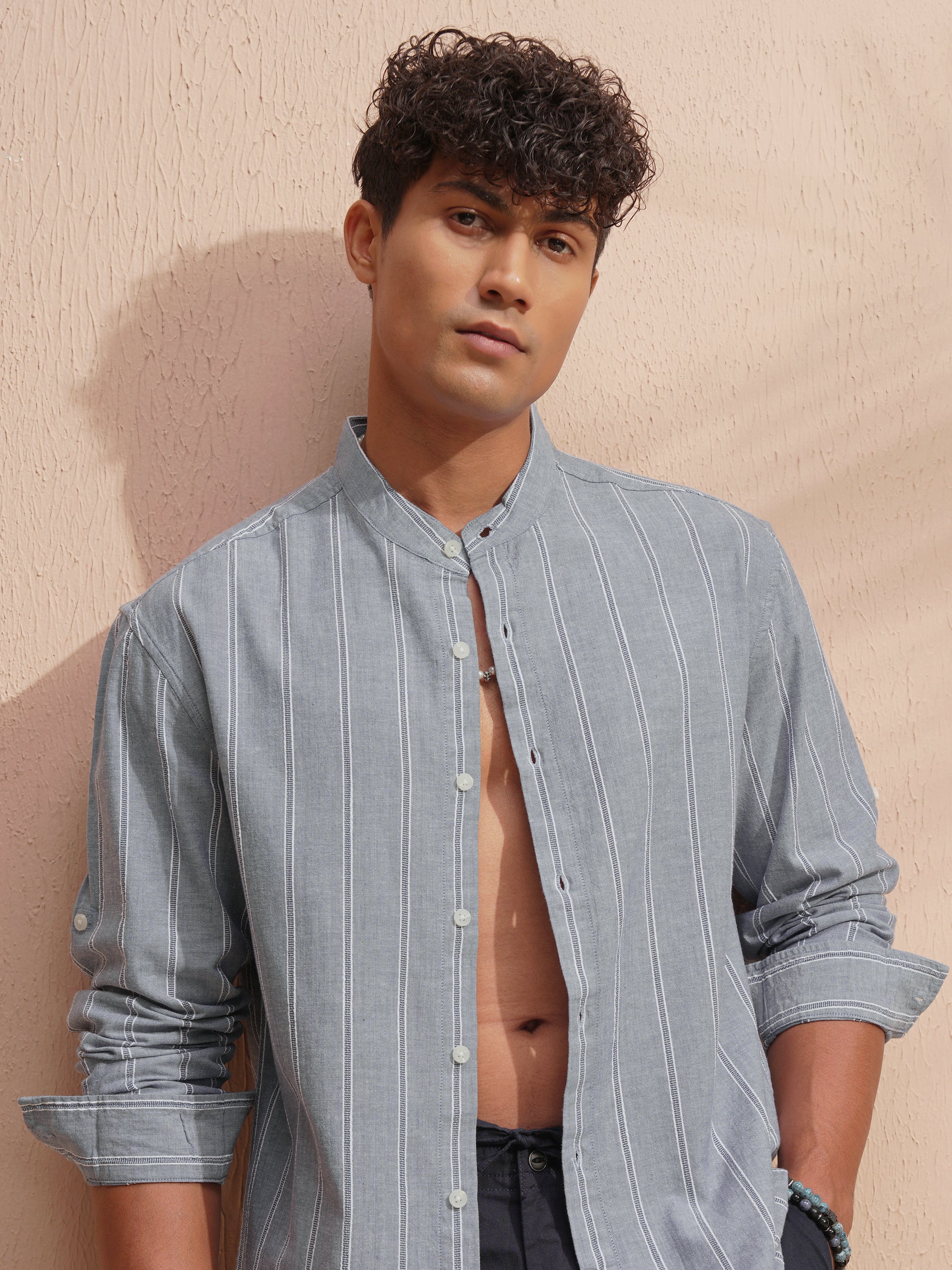 Highlander Men Grey Striped Relaxed Fit Casual Shirt - Grey - Image 1